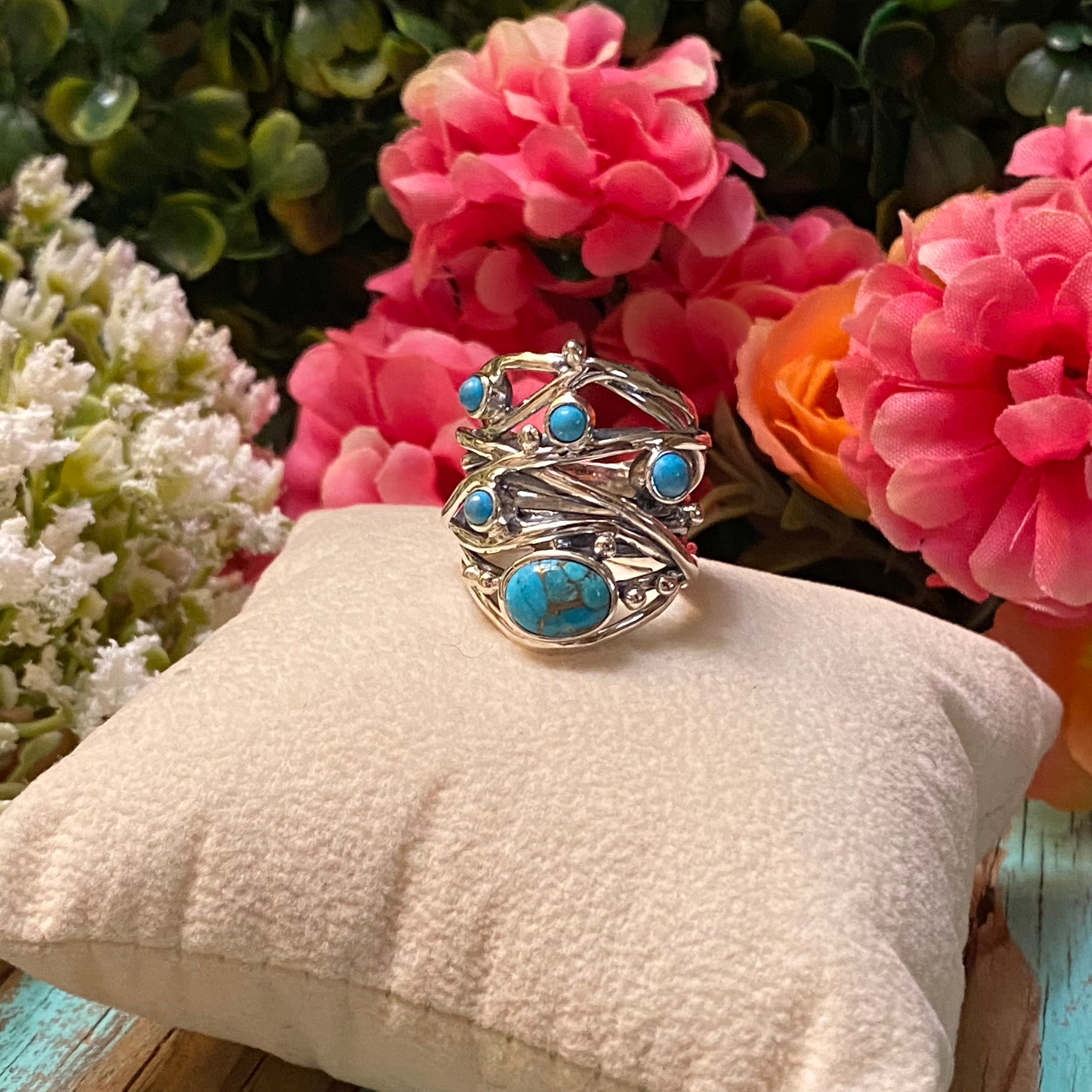 Sterling Silver Five Stone Copper Turquoise Strand Ring Size 8.5