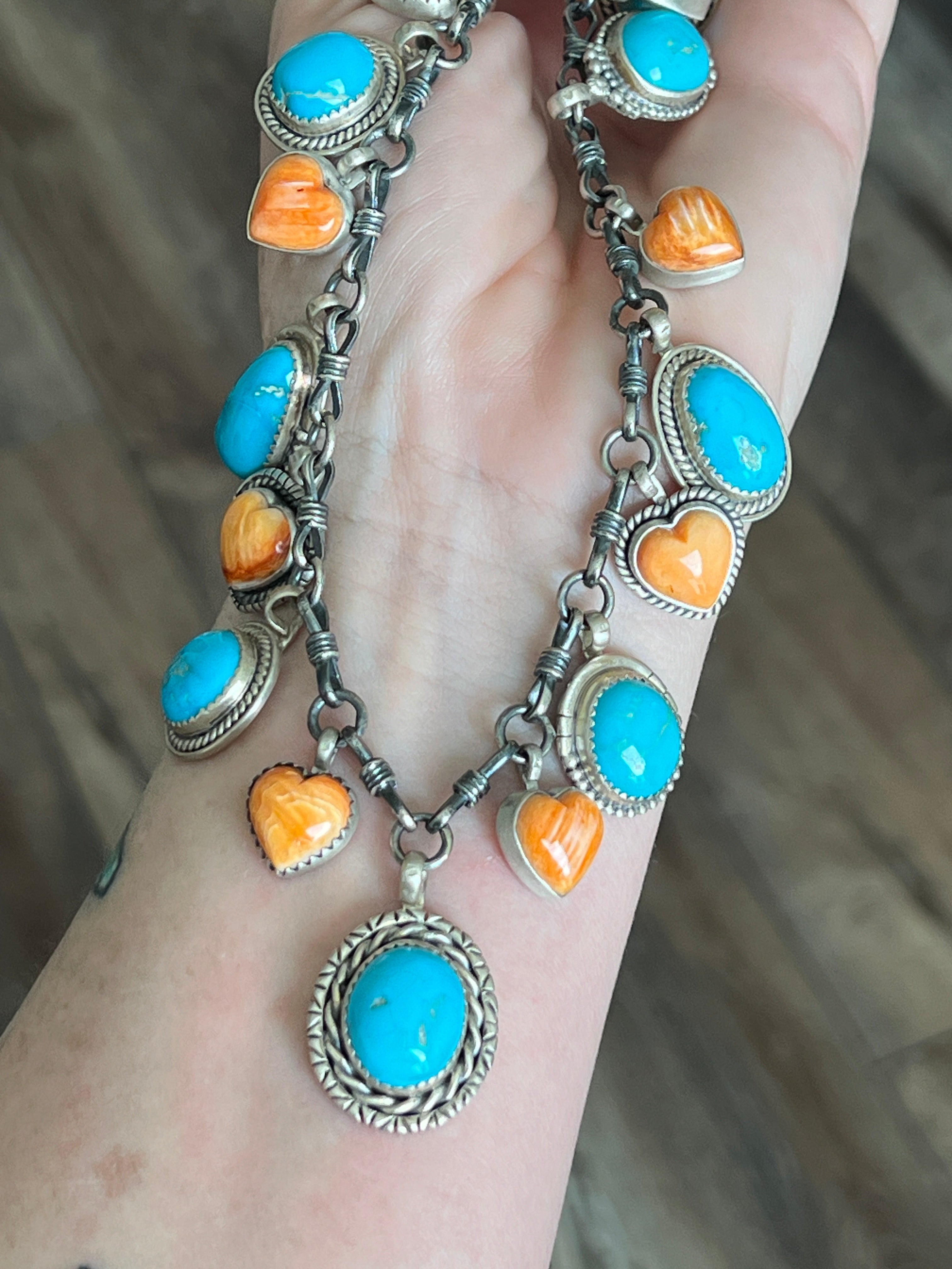 Navajo Sterling Silver, Turquoise & Spiny Heart Necklace, Signed RY