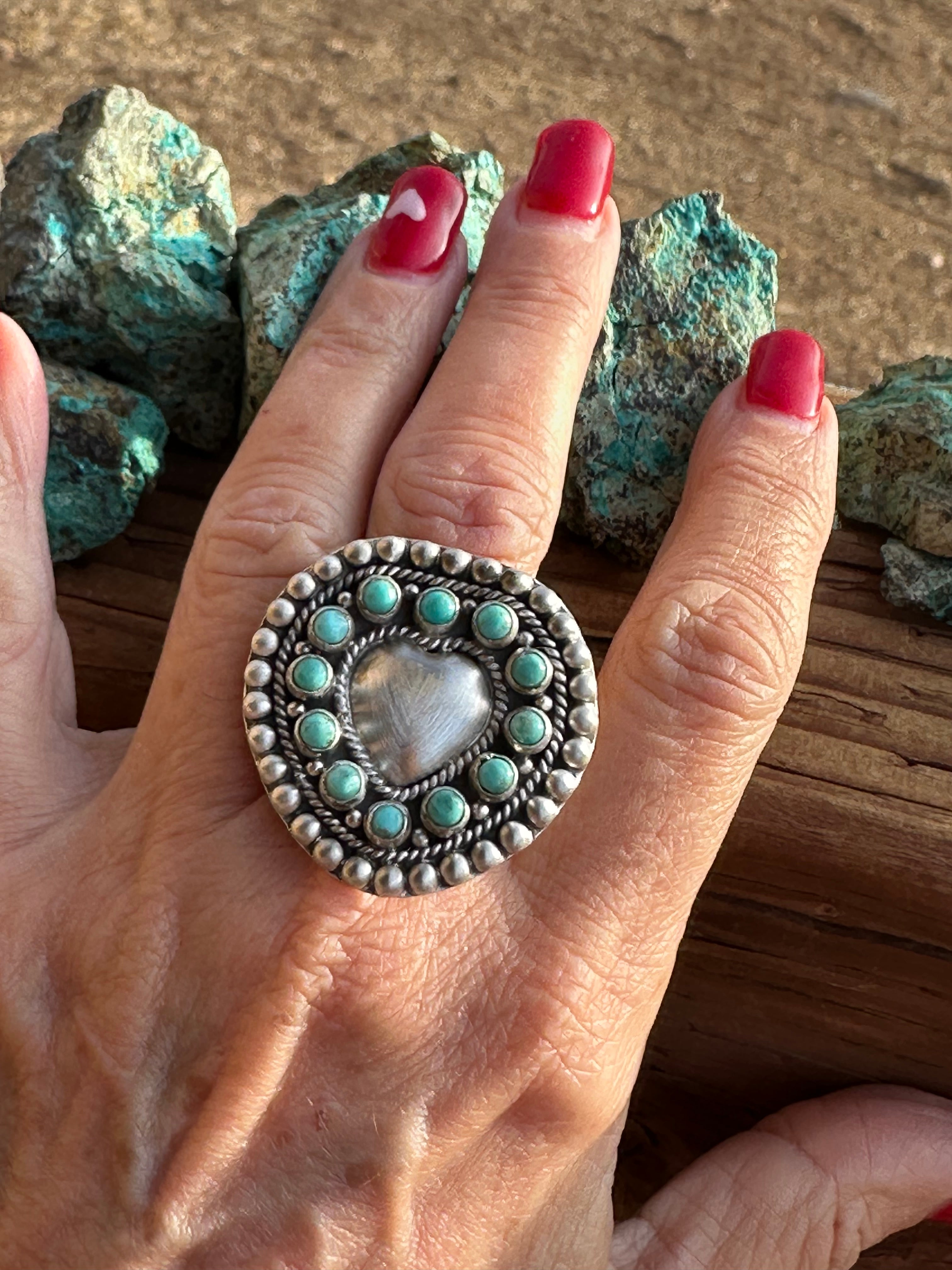 Handmade Adjustable Turquoise Sterling Silver Heart Ring