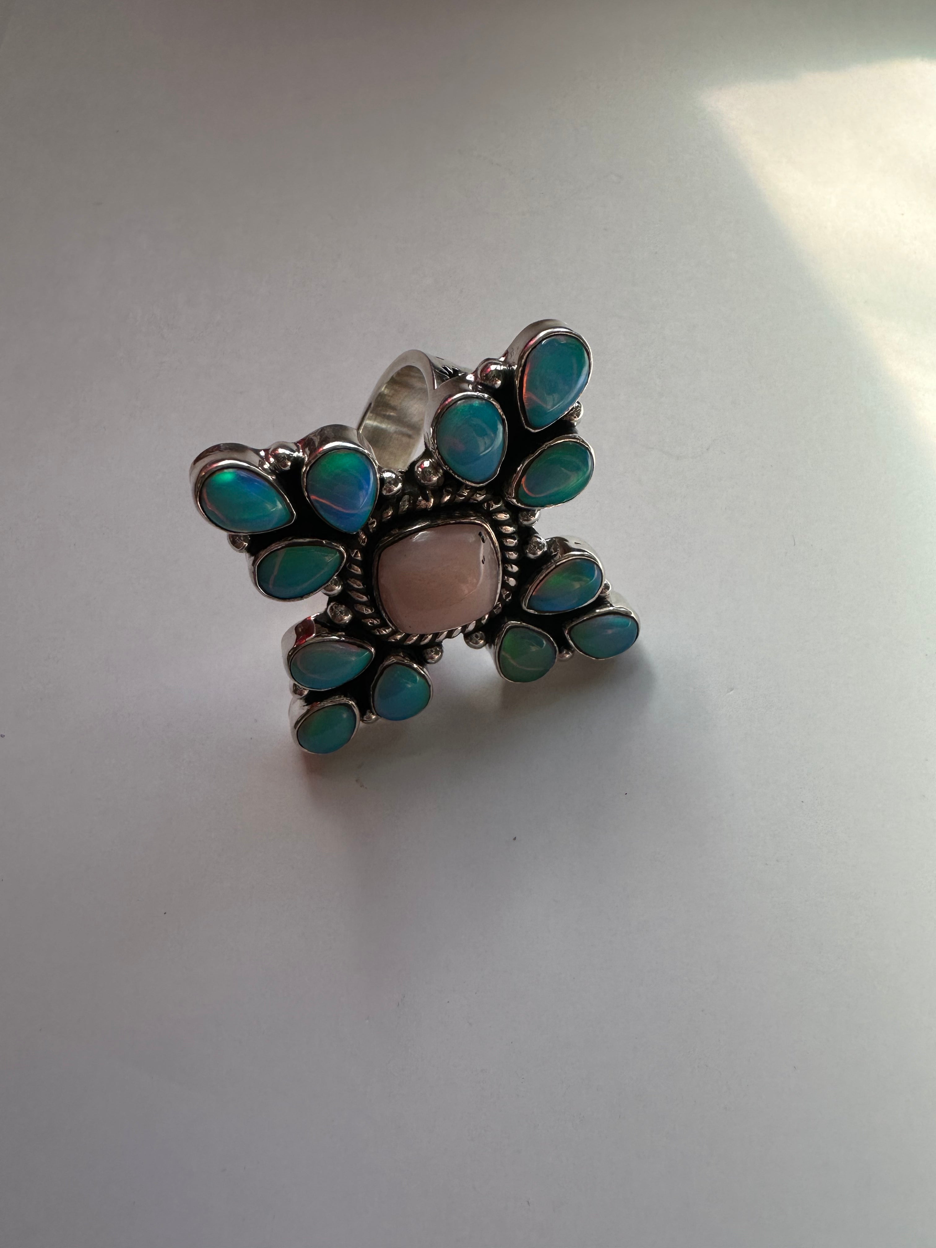 Nizhoni Handmade Pink Conch, Opal & Sterling Silver Adjustable Ring