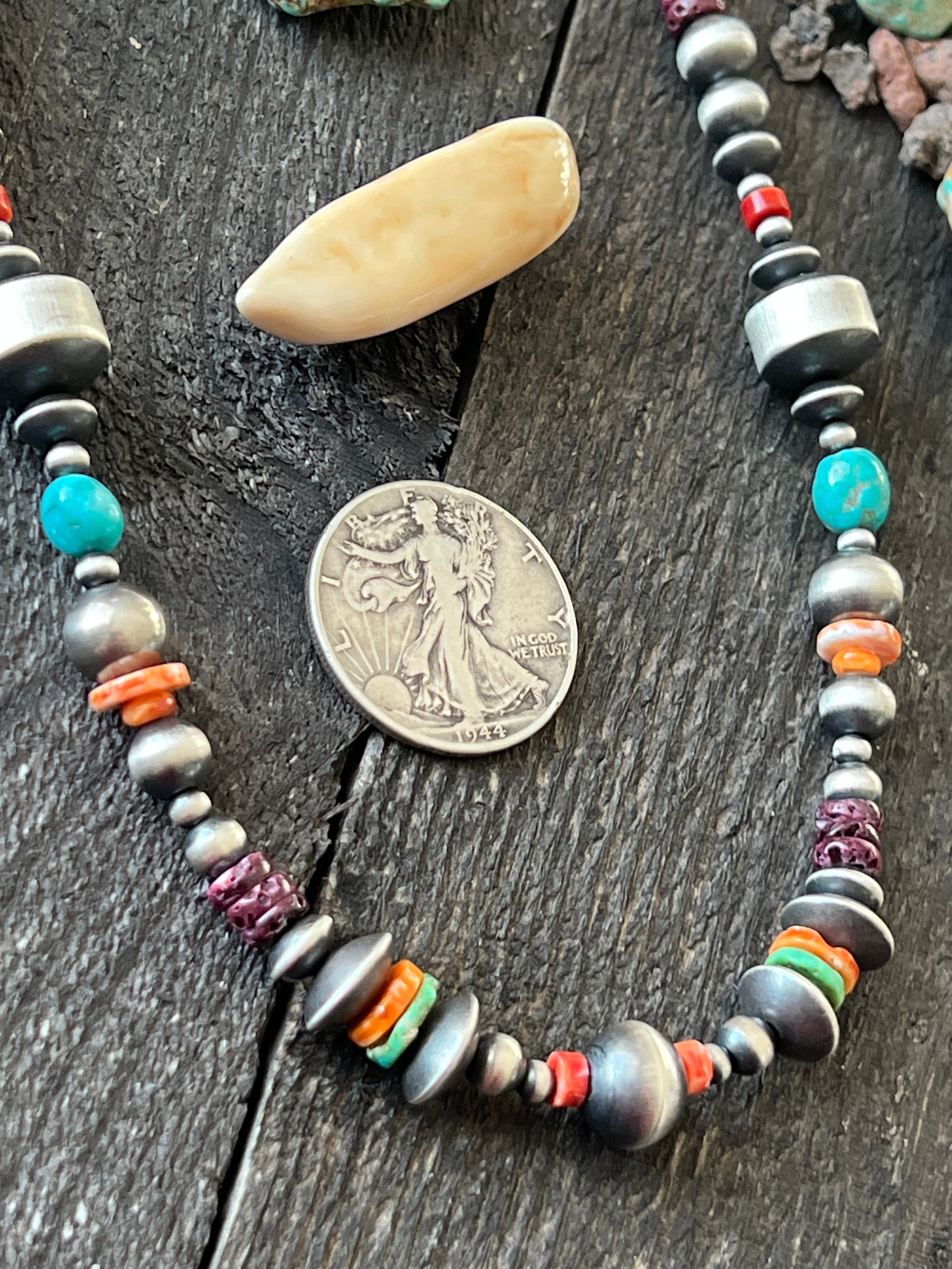 Handcrafted Made Electric Rainbow Sterling Silver, Turquoise and Spiny Oyster Single Strand Beaded Necklace by Rose Martin, 20 + 2 Inches