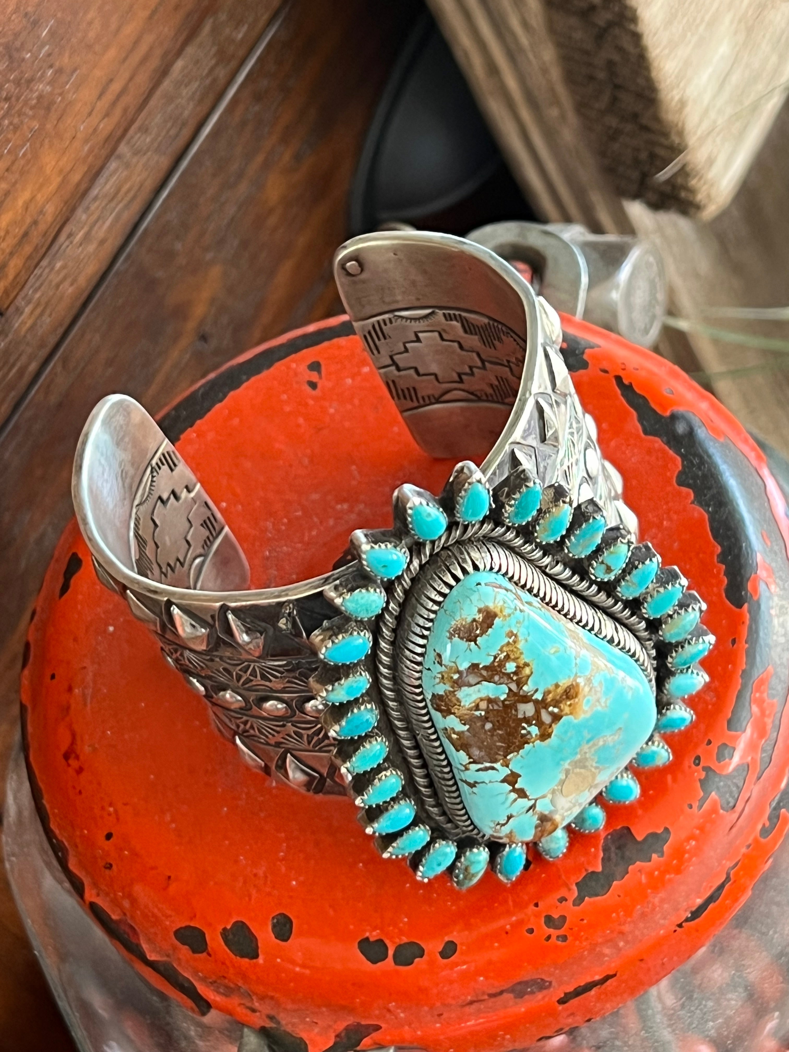 Sterling Silver & Royston Turquoise Cluster Cuff Bracelet by Glenn Livingston