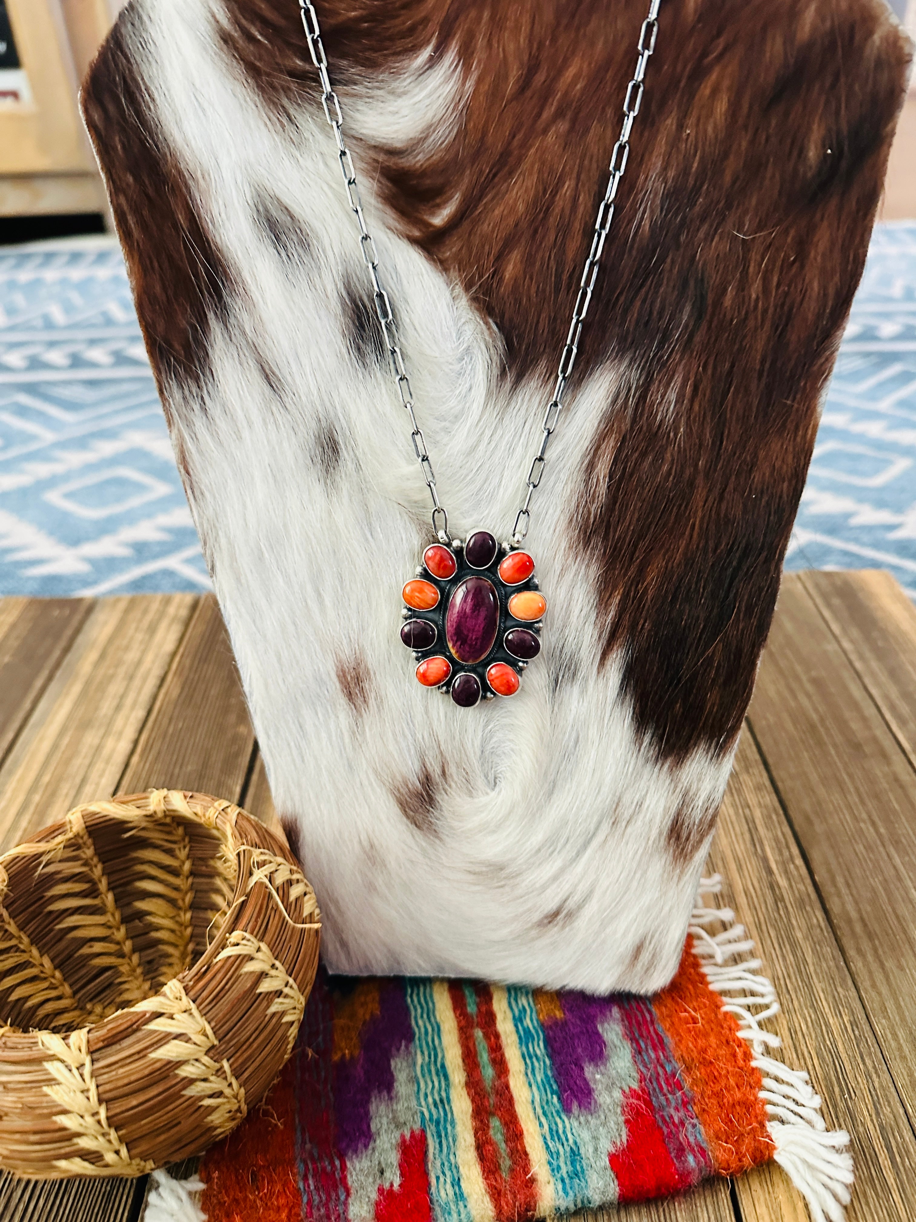 Handcrafted Multicolor Spiny Oyster & Sterling Silver Cluster Necklace by Sheila Becenti