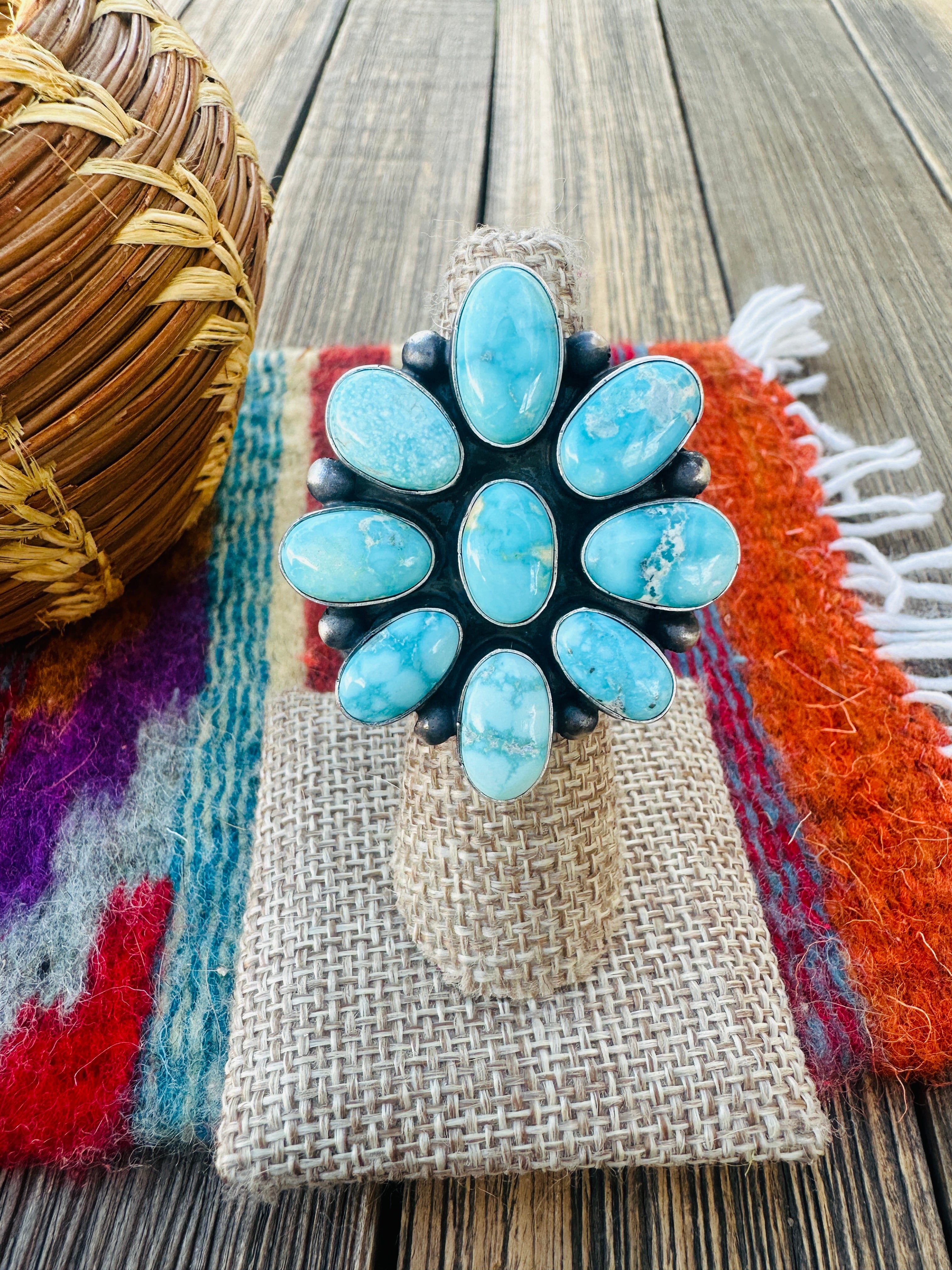Handcrafted Turquoise & Sterling Silver Cluster Ring Size 5.5 by Paul Livingston