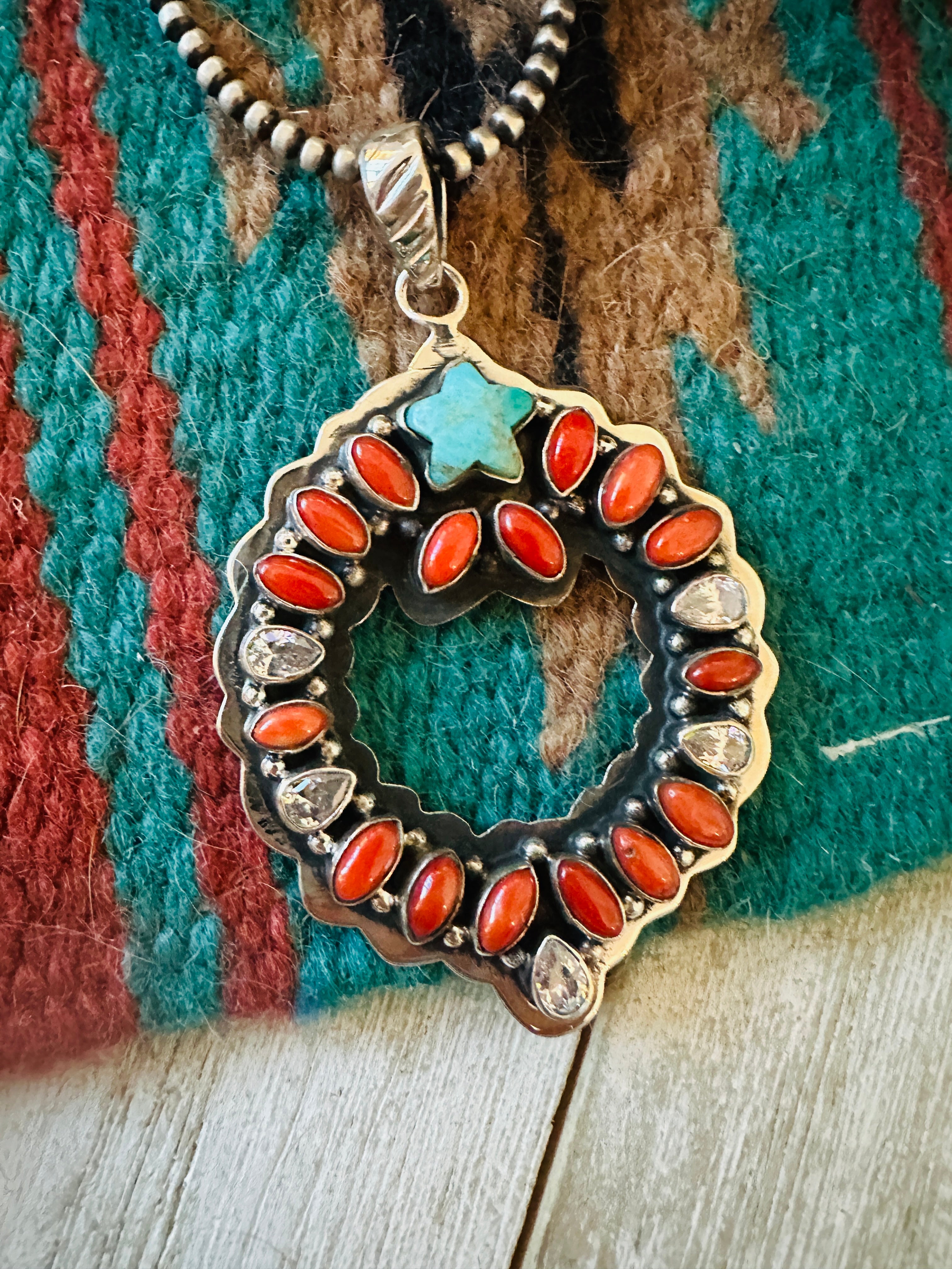 ** Christmas Collection ** Handmade Sterling Silver, Coral, Turquoise & CZ Wreath Pendant Signed Nizhoni