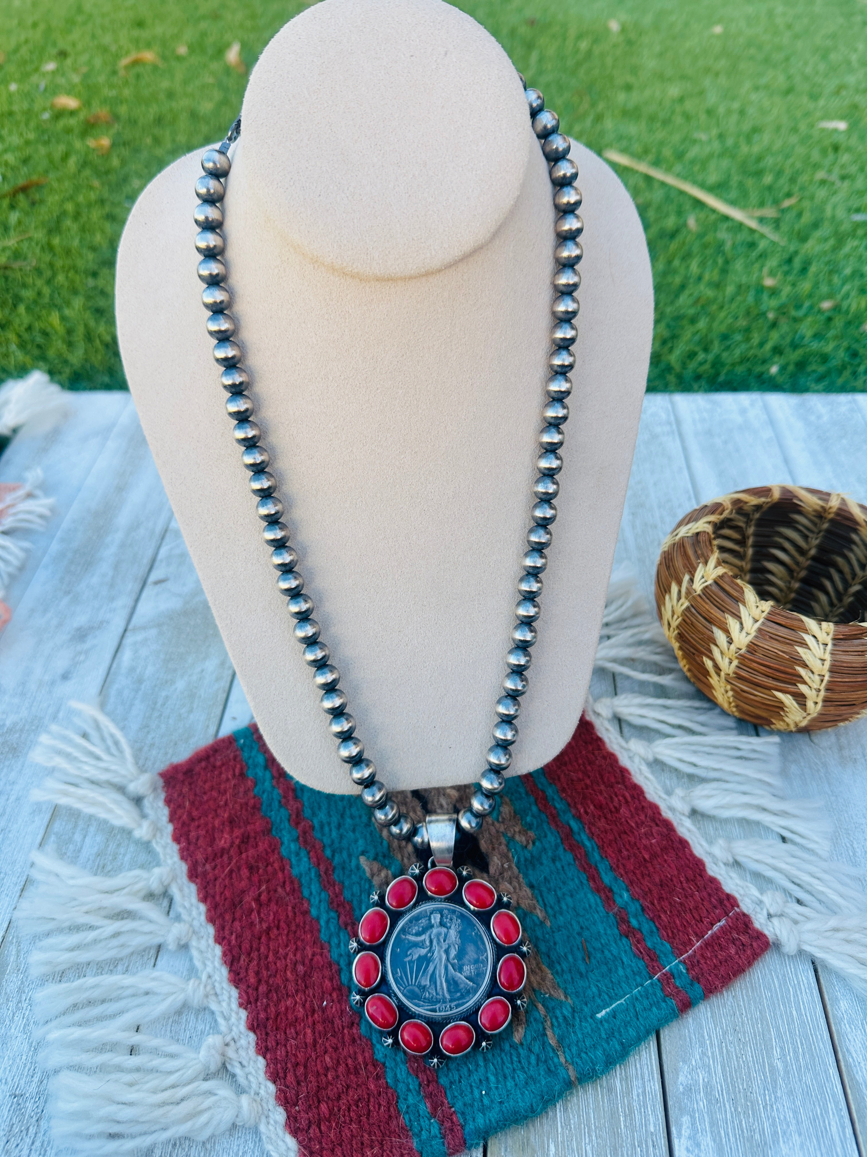 Handcrafted Sterling Silver and Coral Liberty Coin Necklace by Darrin Livingston