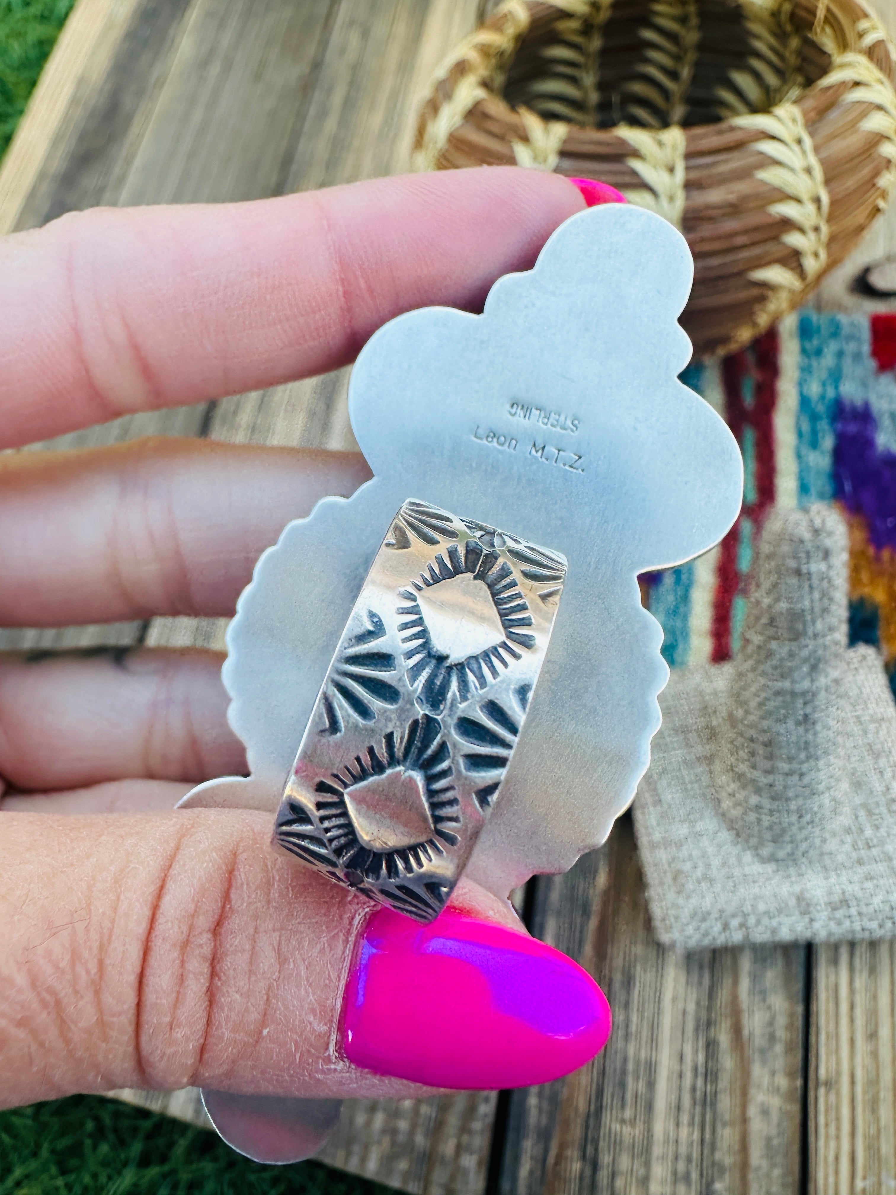 Handcrafted Turquoise, Spiny Oyster & Sterling Silver Adjustable Ring by Leon Martinez