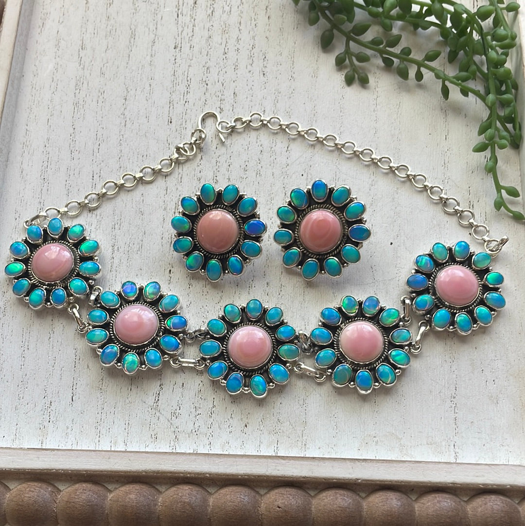 Handmade Sterling Silver, Pink Conch & Blue Opal Choker Necklace & Earring Set Signed Nizhoni