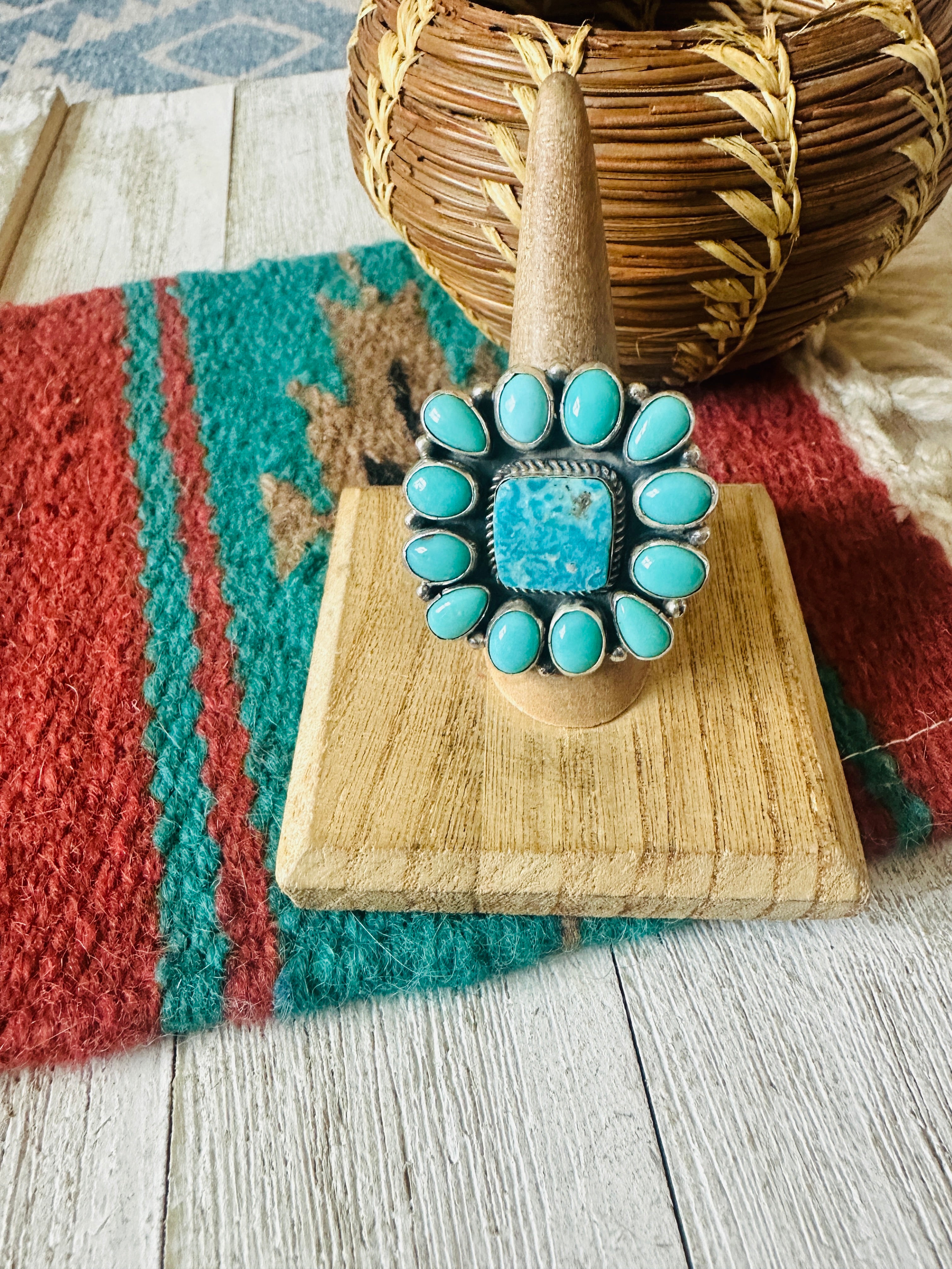 Navajo Turquoise & Sterling Silver Cluster Ring Size 7.5