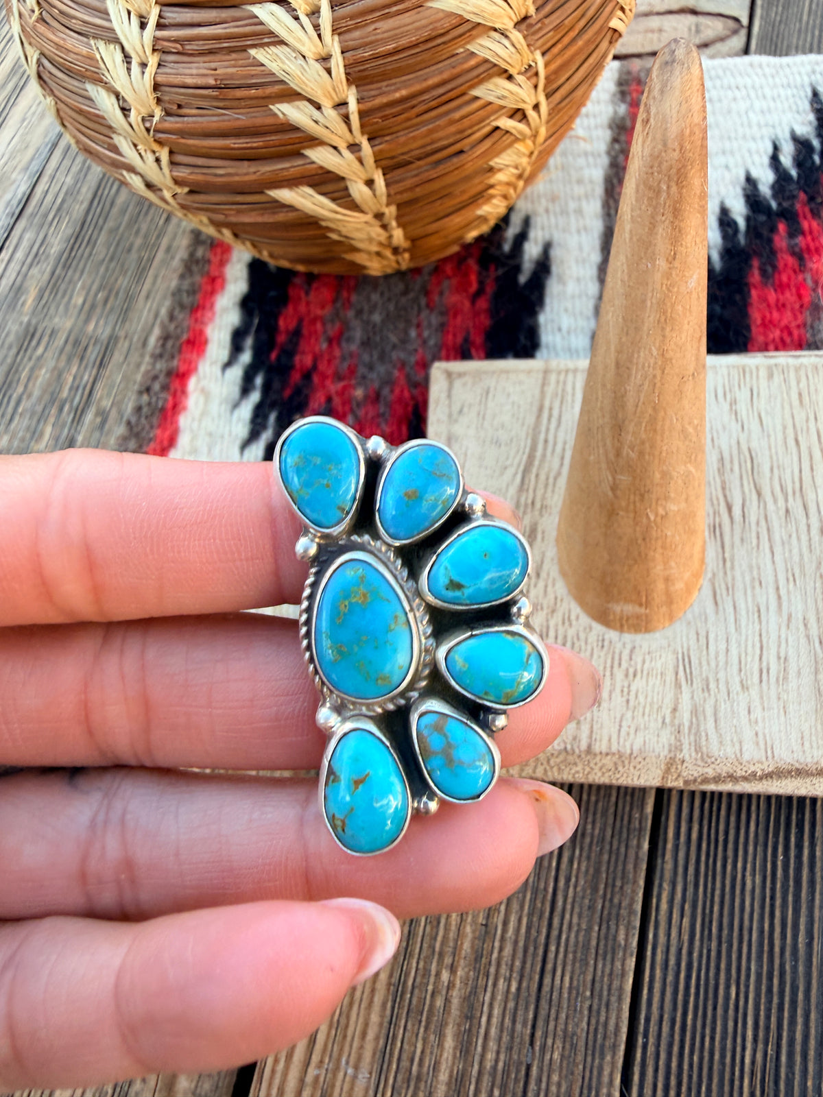 Handcrafted Turquoise & Sterling Silver Cluster Adjustable Ring by Geraldine James