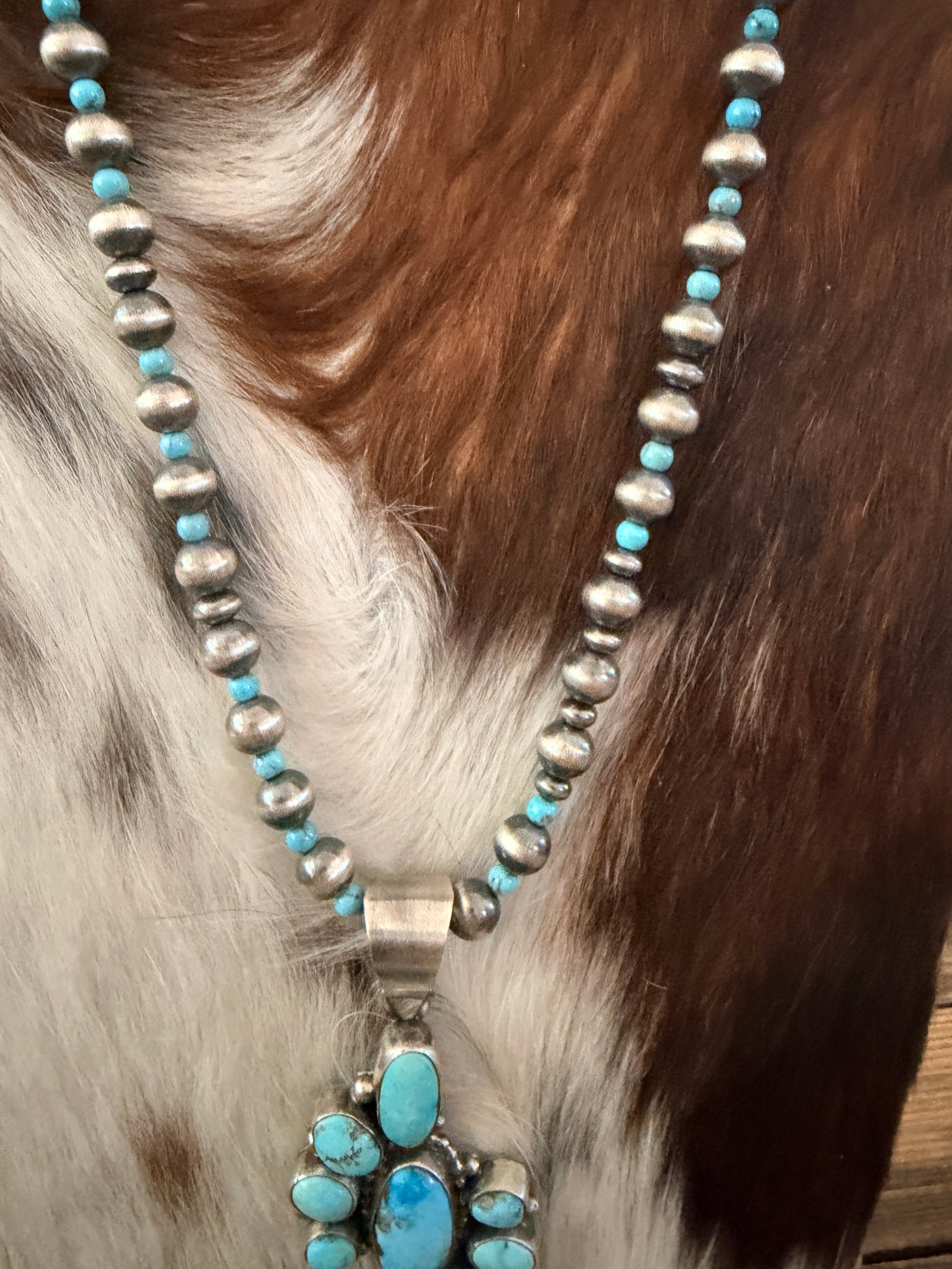 Handcrafted Turquoise & Sterling Silver Cluster Beaded Necklace by Sheila Becenti