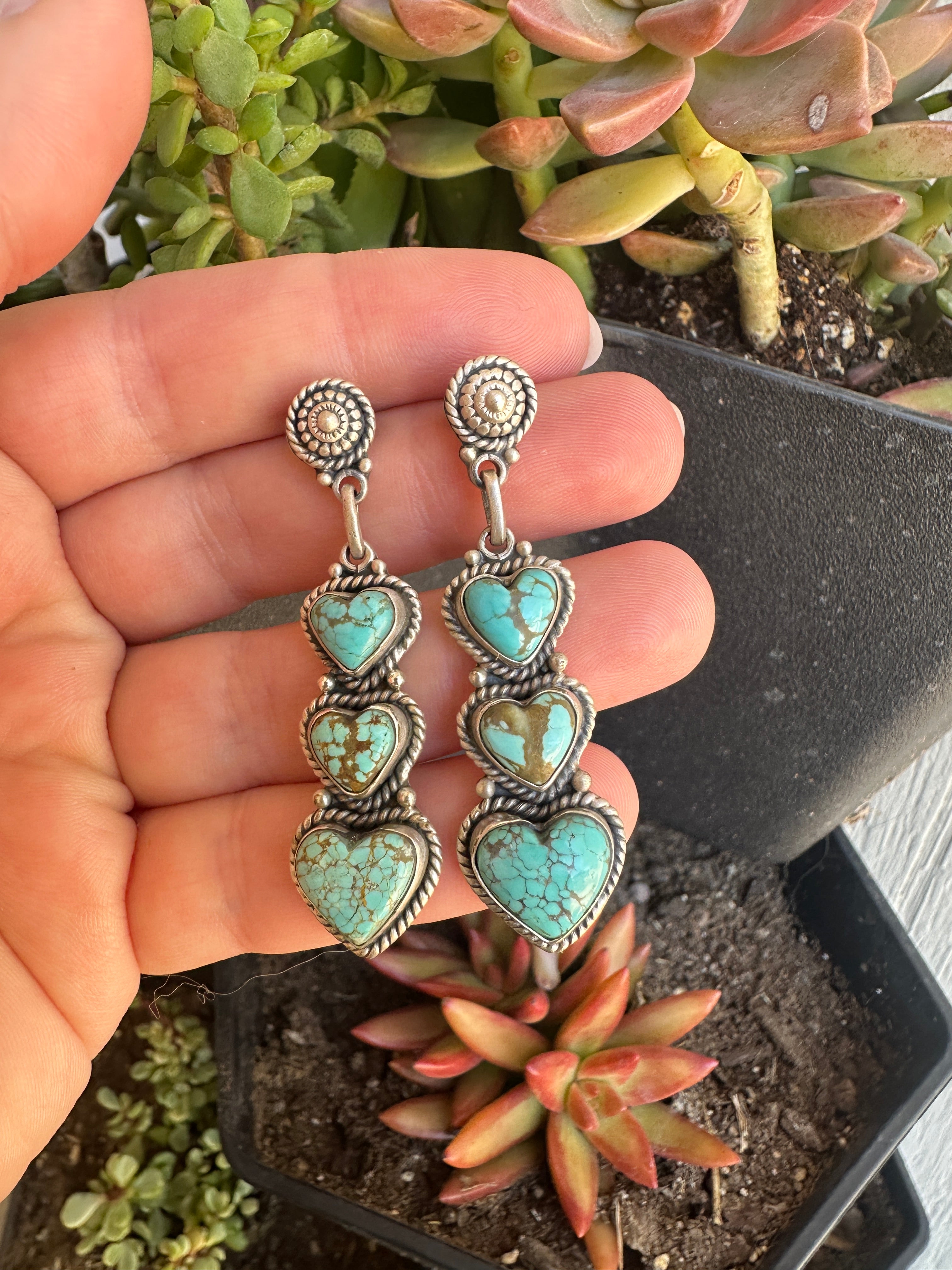 Handmade Number 8 Turquoise & Sterling Silver Post Heart Dangle Earrings