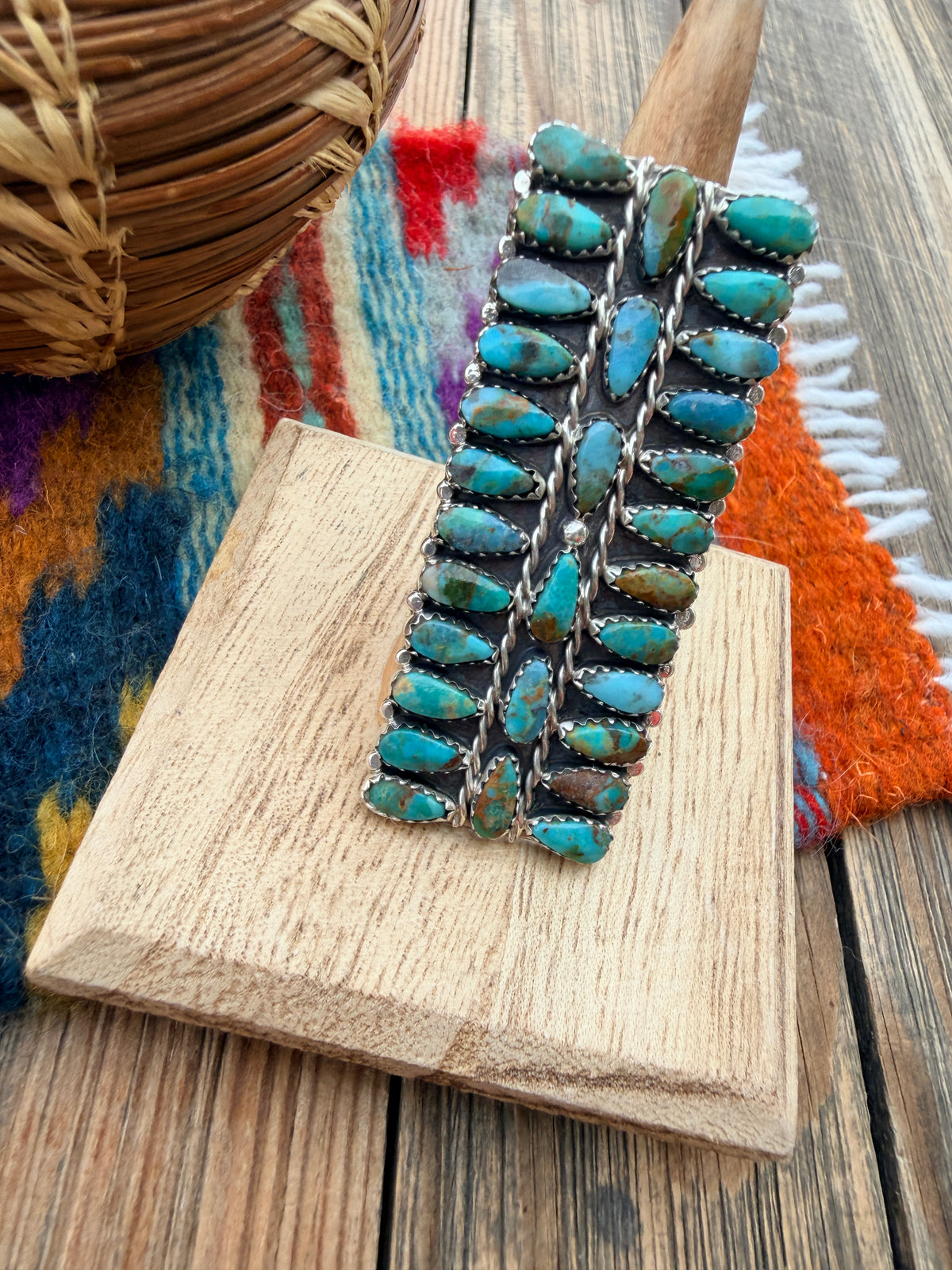 Handcrafted Turquoise & Sterling Silver Cluster Ring Size 9