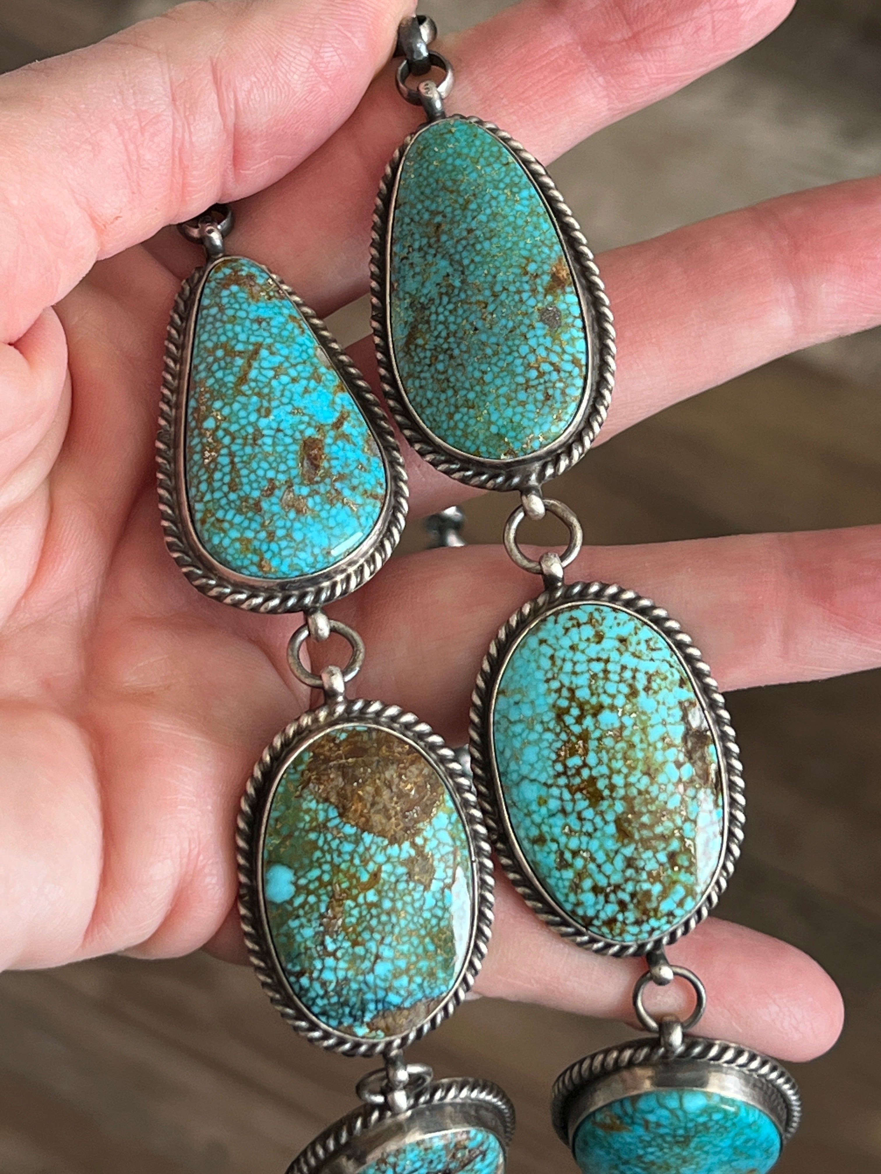 Handcrafted Sterling Silver and Birdseye Kingman Turquoise Y-Style Lariat Necklace and Earrings Set by Peggy Skeets