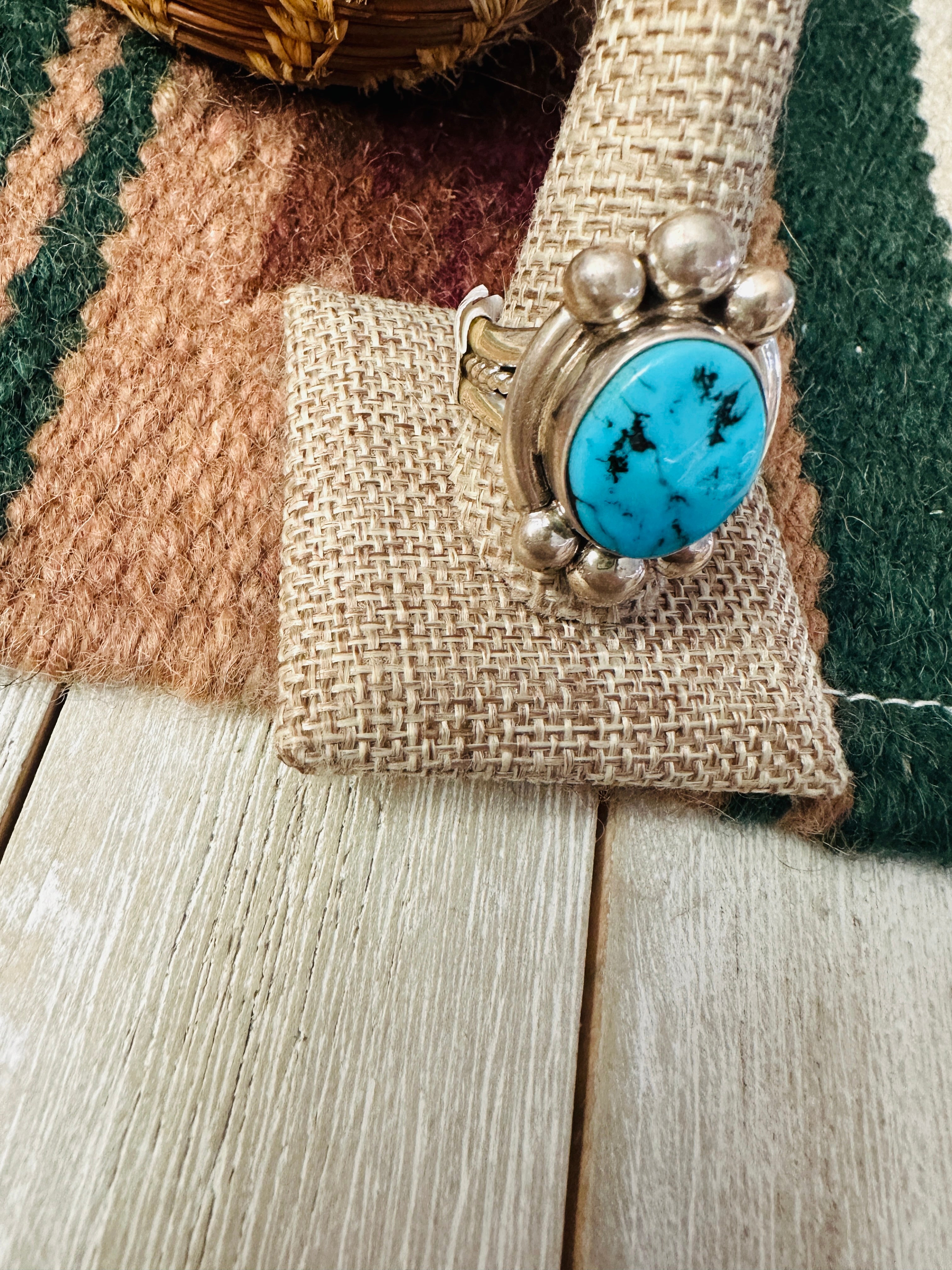 Old Pawn Handcrafted Turquoise & Sterling Silver Ring Size 11.5