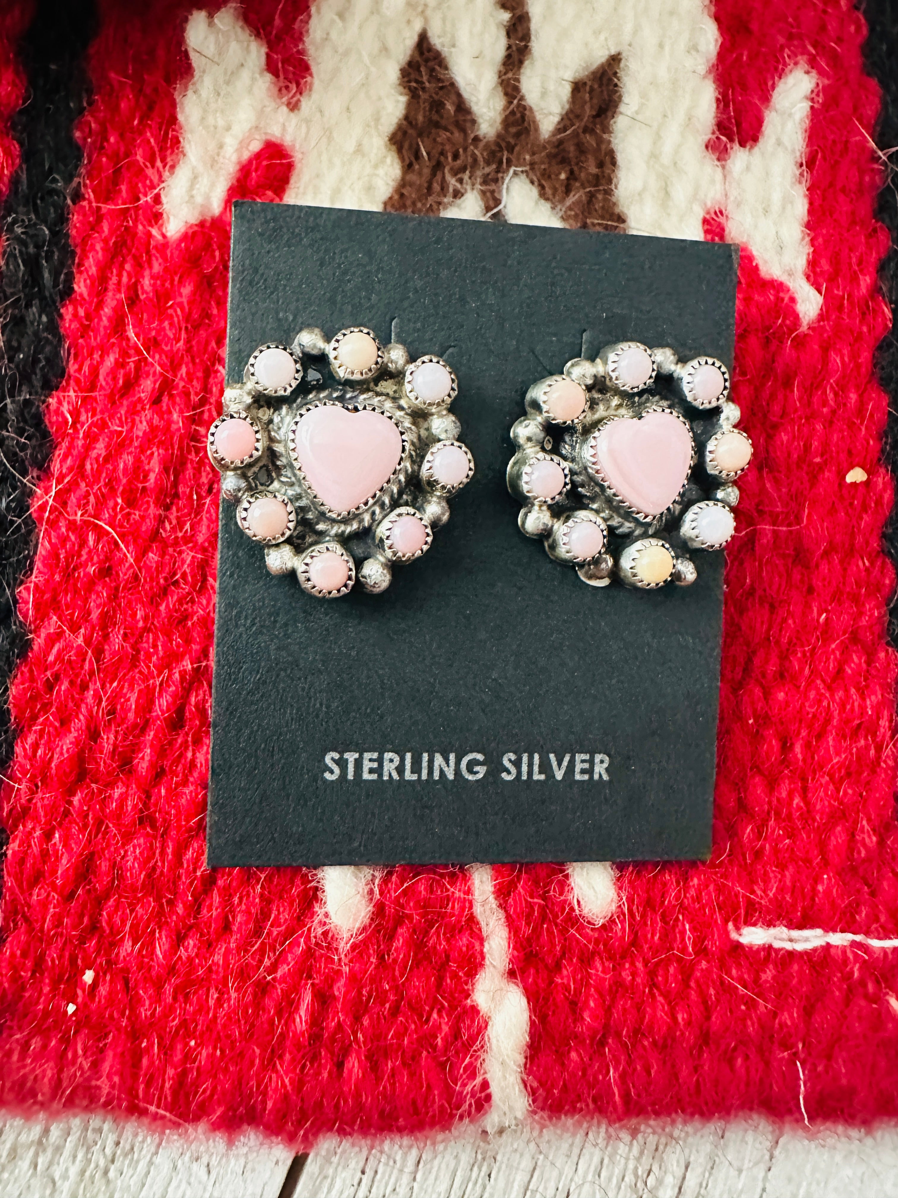 Navajo Sterling Silver & Queen Pink Conch Cluster Heart Earrings