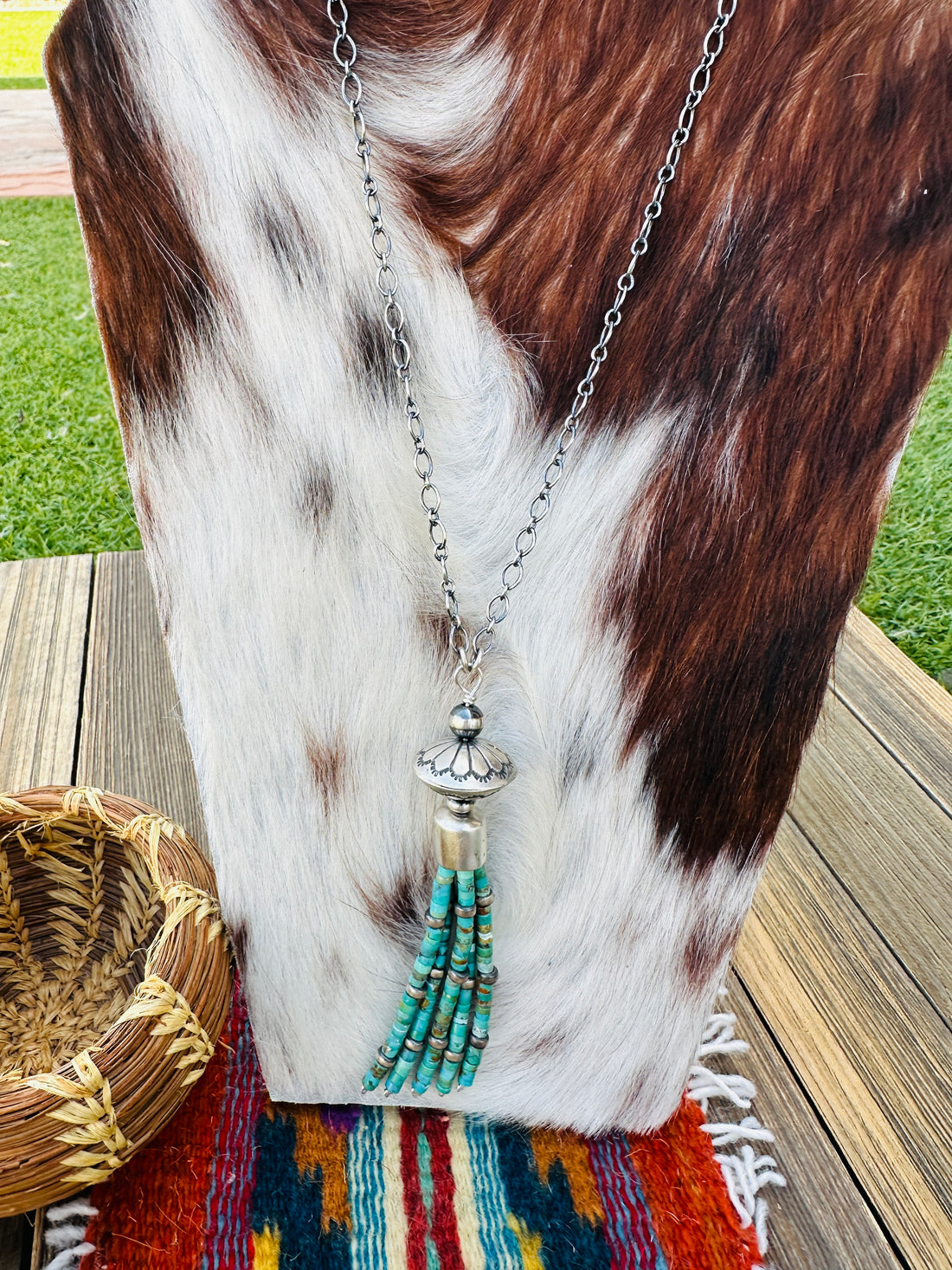 Handcrafted Turquoise & Sterling Silver Beaded Tassel Necklace