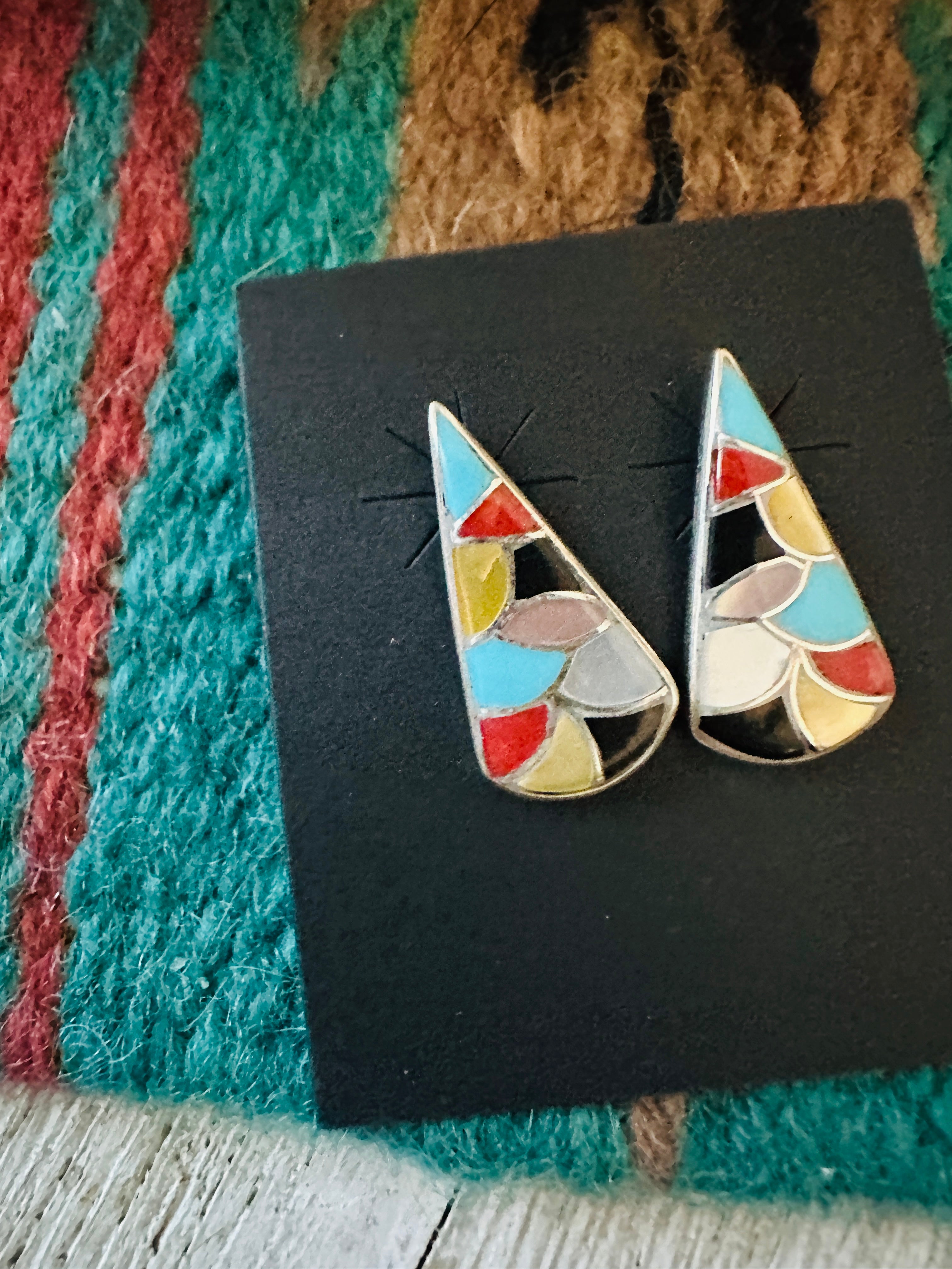 Handcrafted Multi Stone & Sterling Silver Inlay Post Earrings