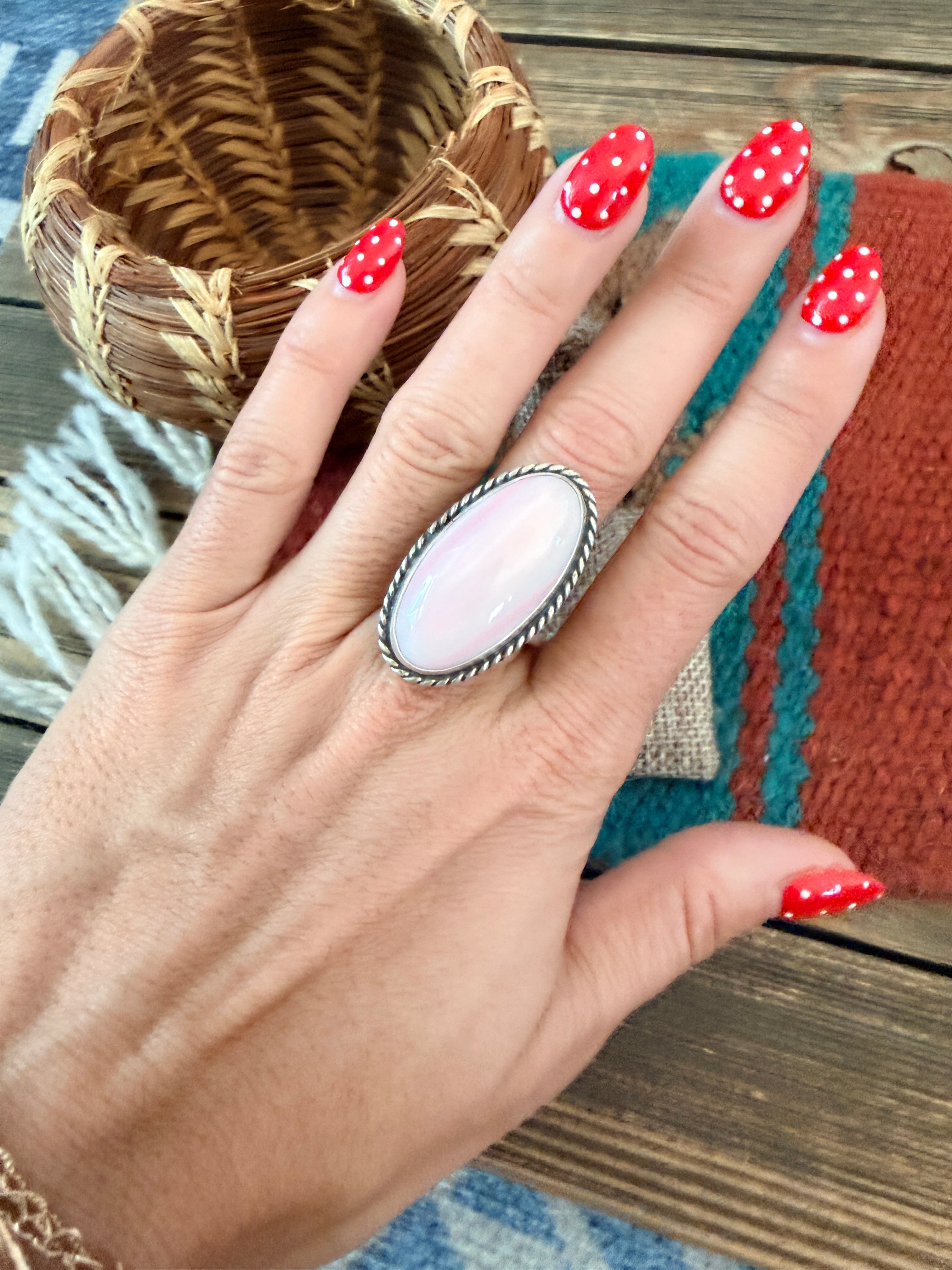 Handmade Sterling Silver & Queen Pink Conch Adjustable Ring