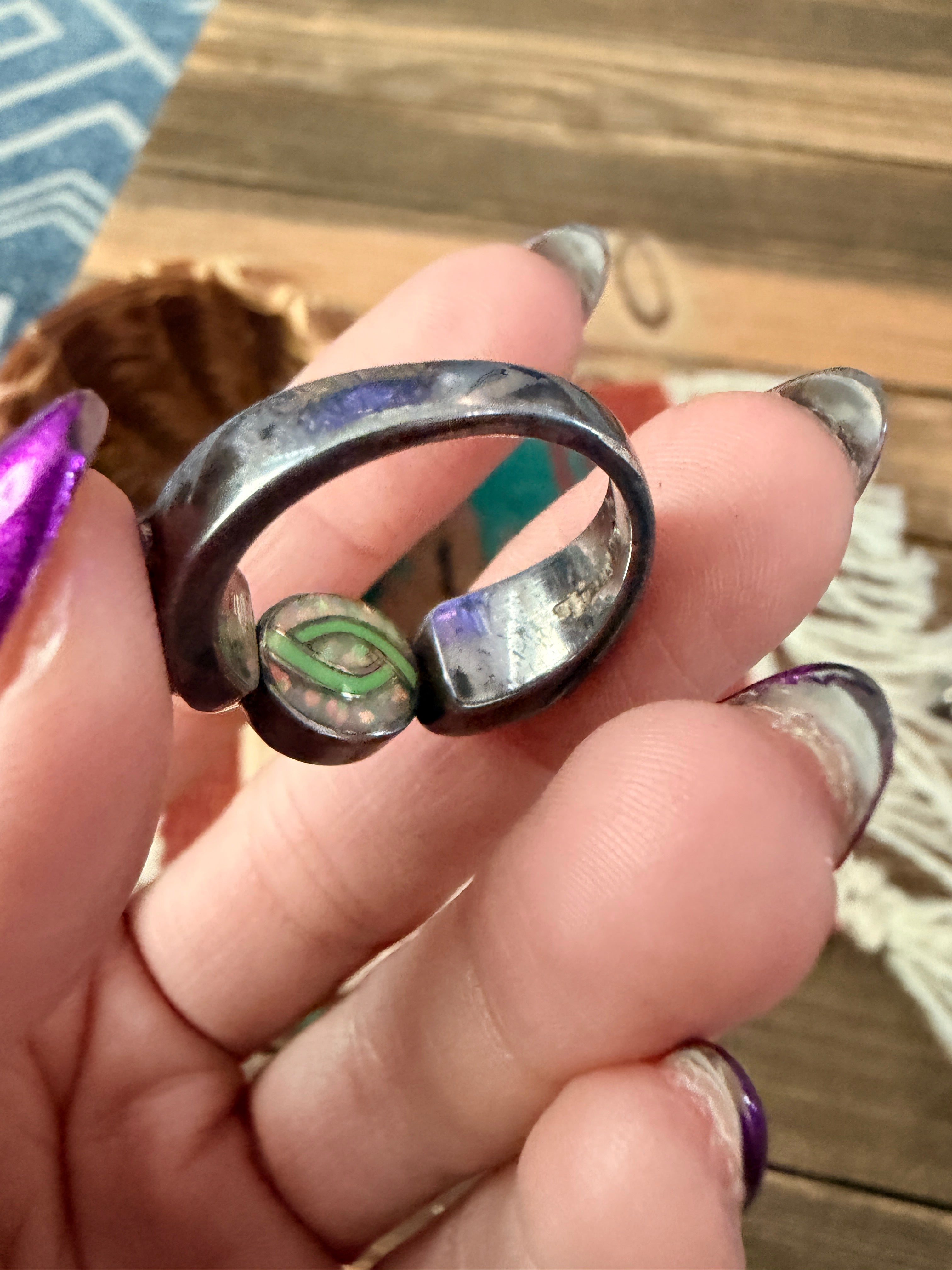 Old Pawn Handcrafted Multi Stone & Sterling Silver Inlay Ring Size 9
