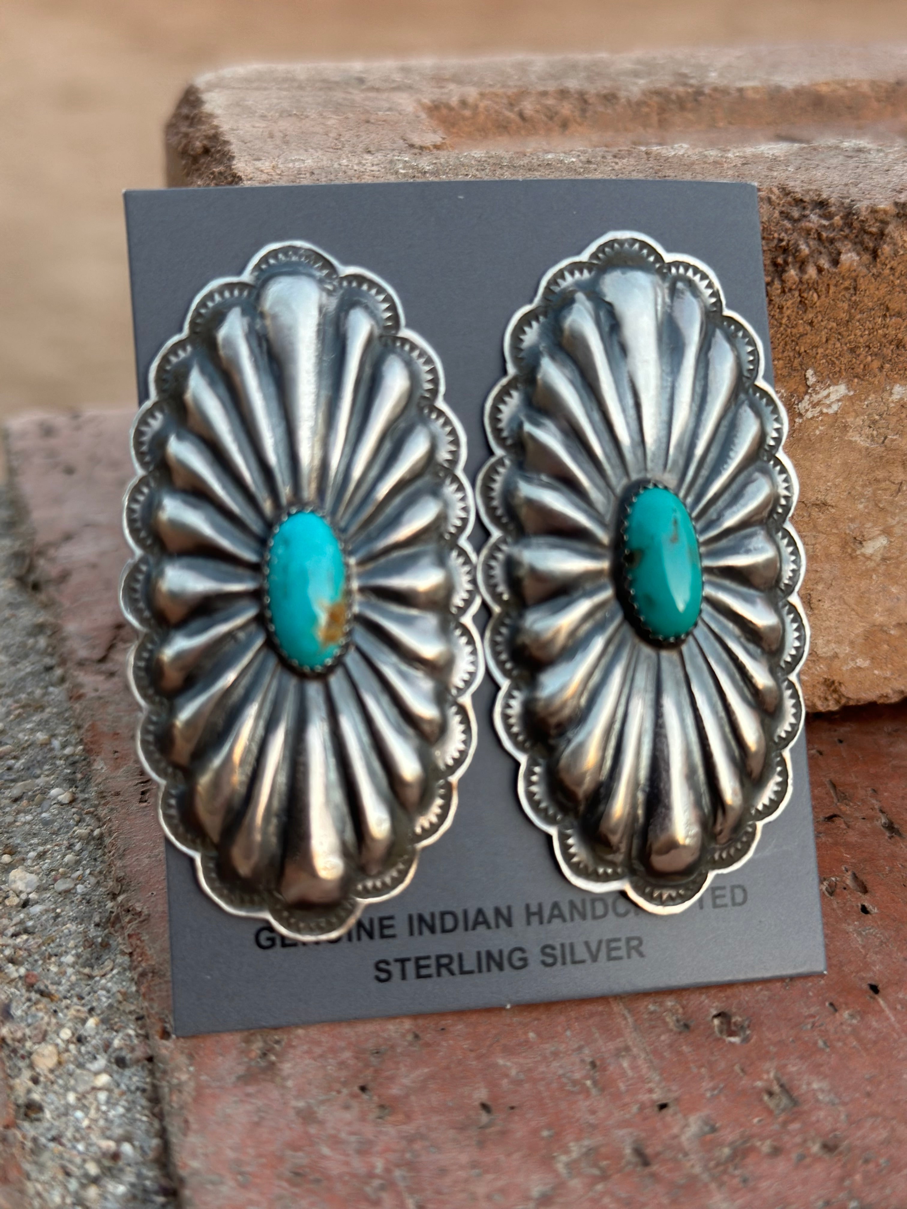 Rita Lee Navajo Hand Stamped Sterling Silver & Turquoise Concho Post Earrings