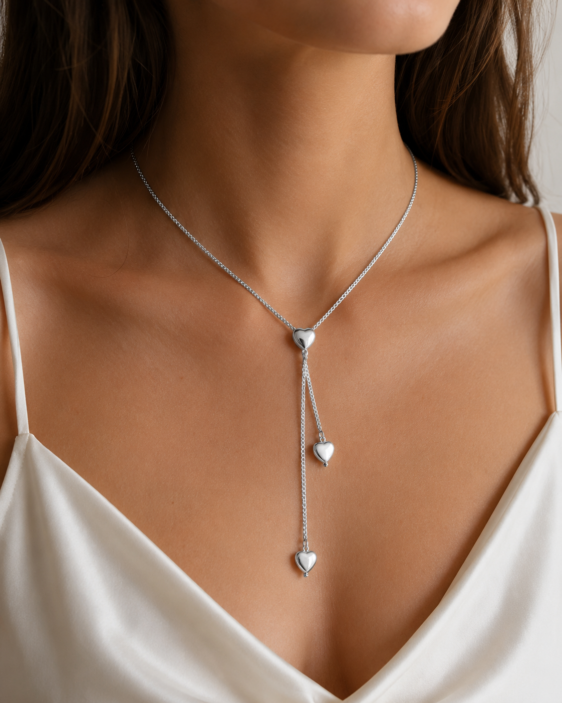 Puffed Hearts Lariat Sterling Silver Necklace