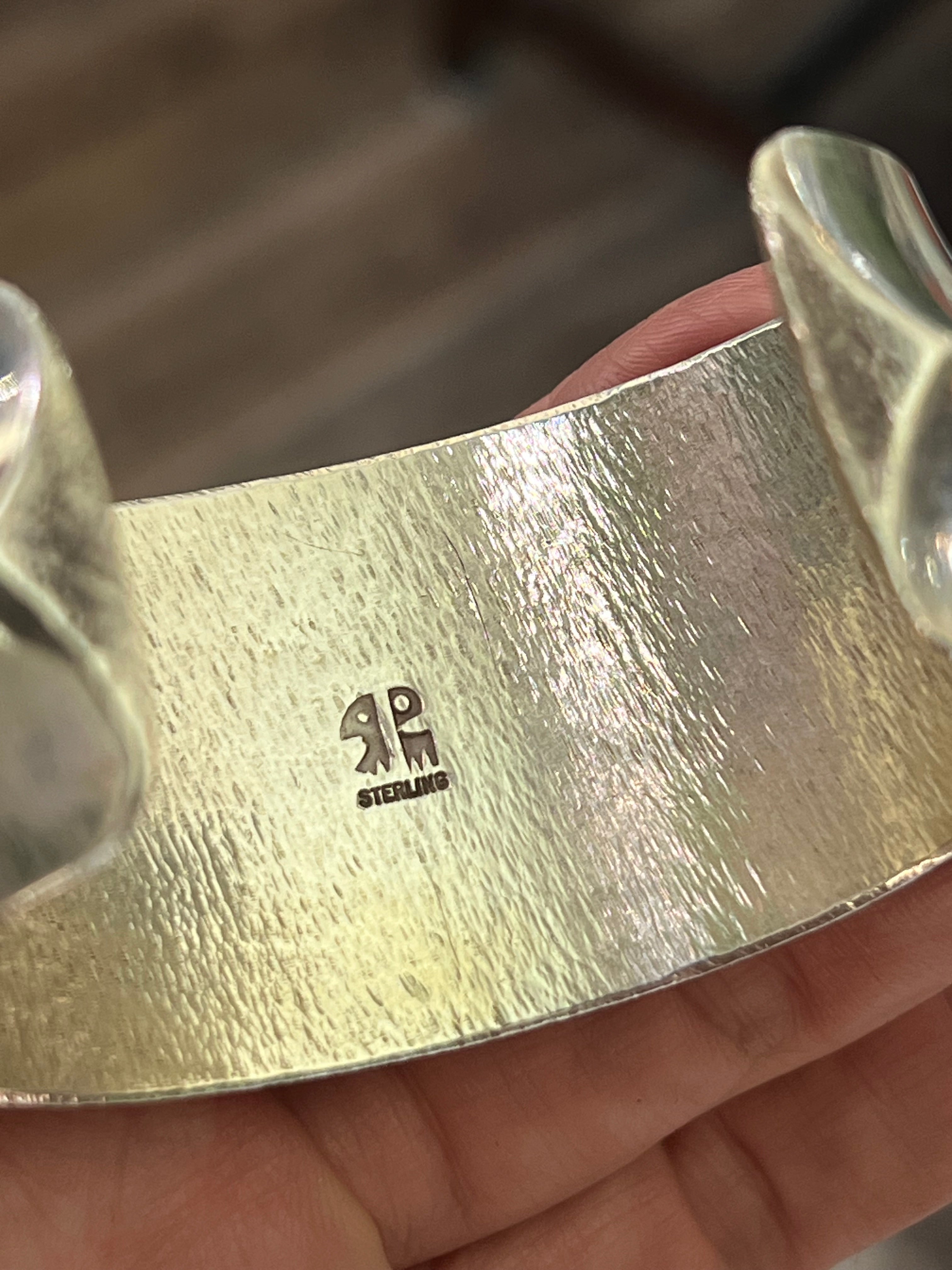 Old Pawn Sterling Silver, Number 8 Turquoise, Lapis, Spiny Oyster and Coral Inlay Cuff Bracelet by Duane Maktima /