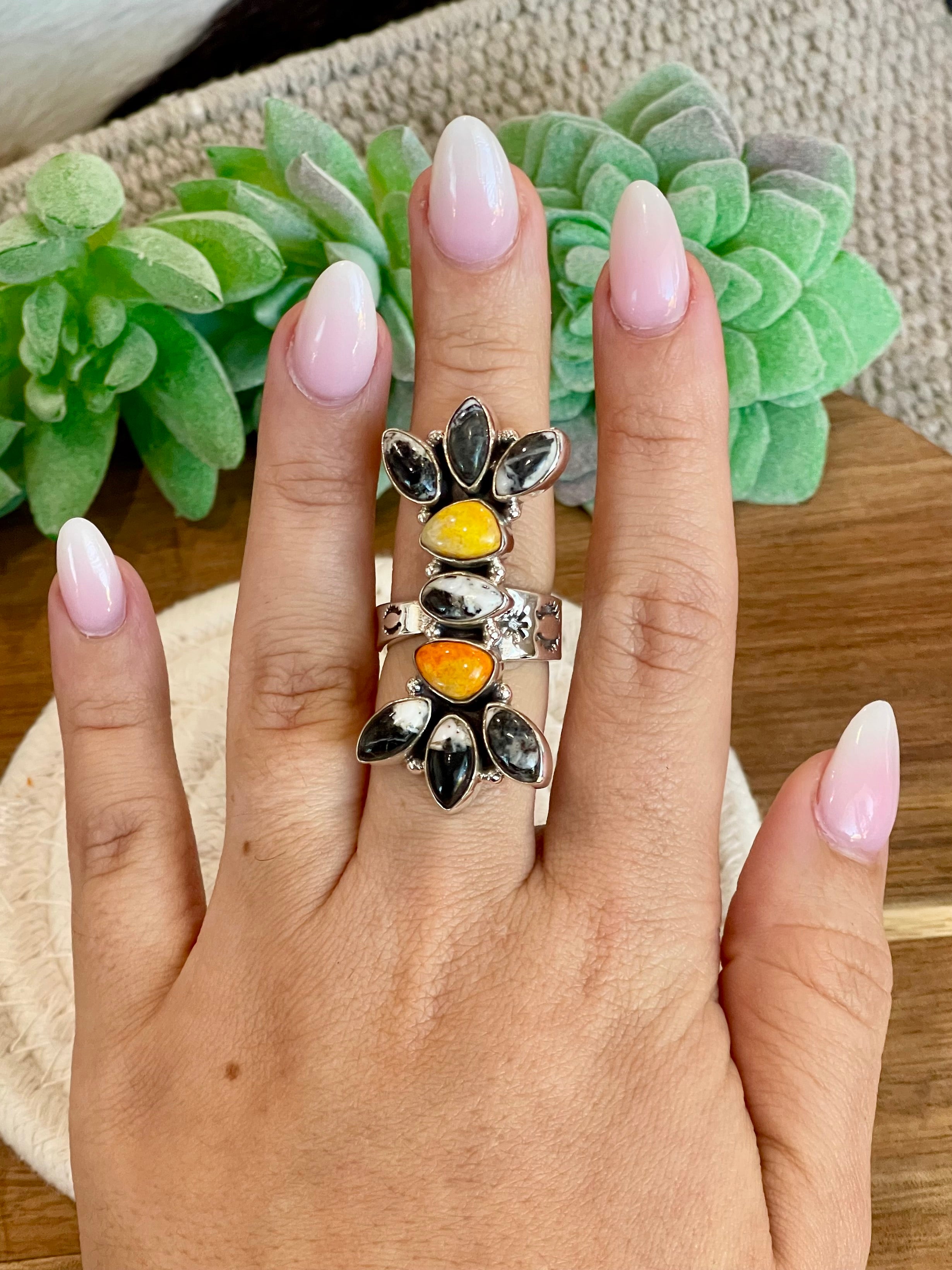 Handmade Sterling Silver, White Buffalo & Bumble Bee Adjustable Ring