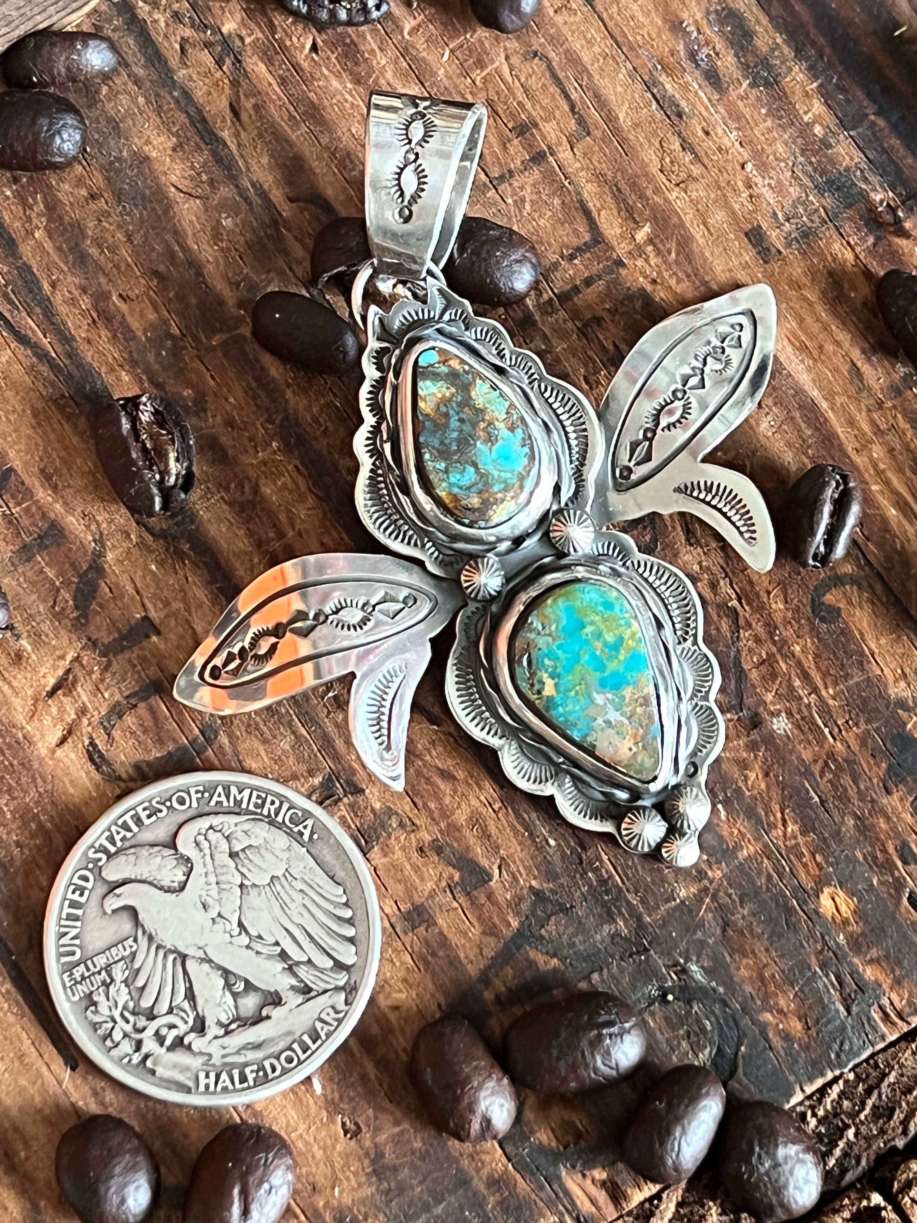 Kimari Somers Hand Stamped Sterling Silver and Turquoise Winged Bug Pendant