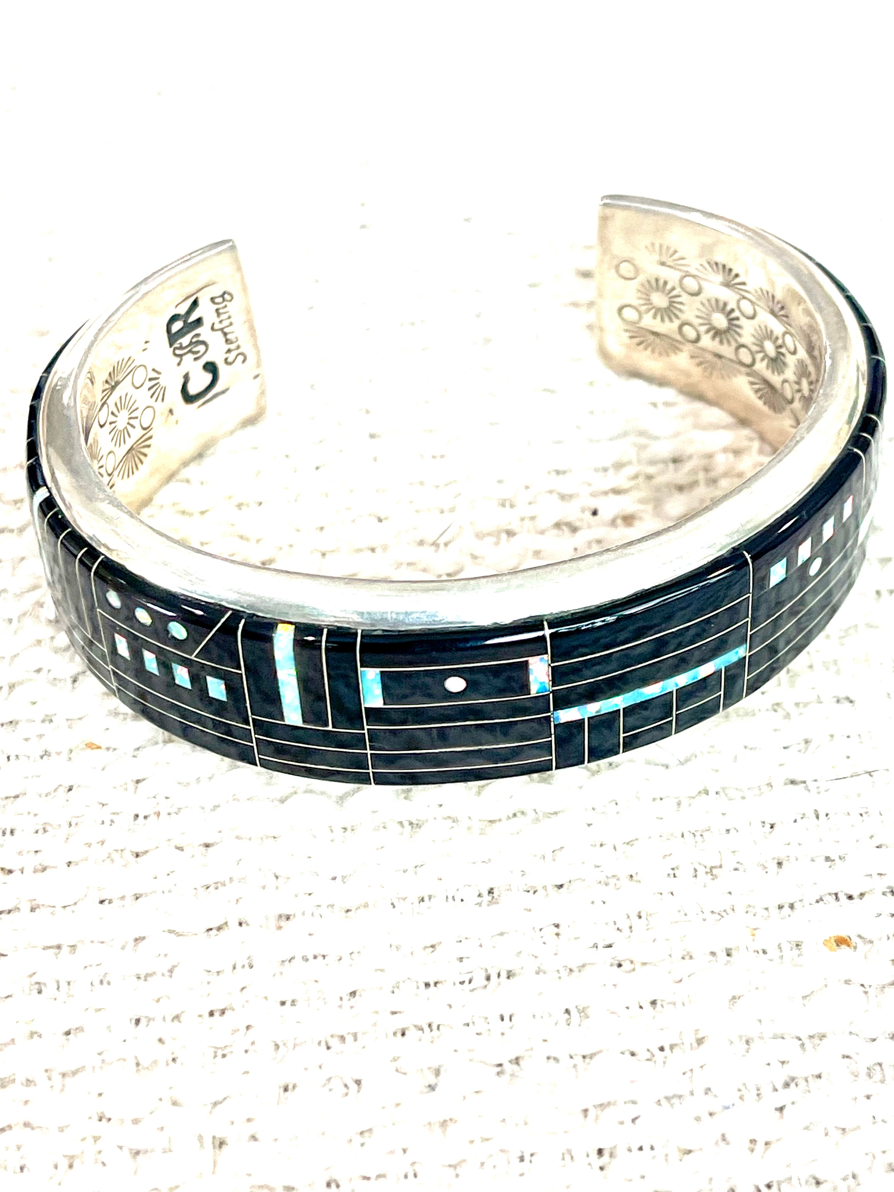Beautiful Handmade Sterling Silver & Multi Stone, Onyx Inlay Cuff Bracelet