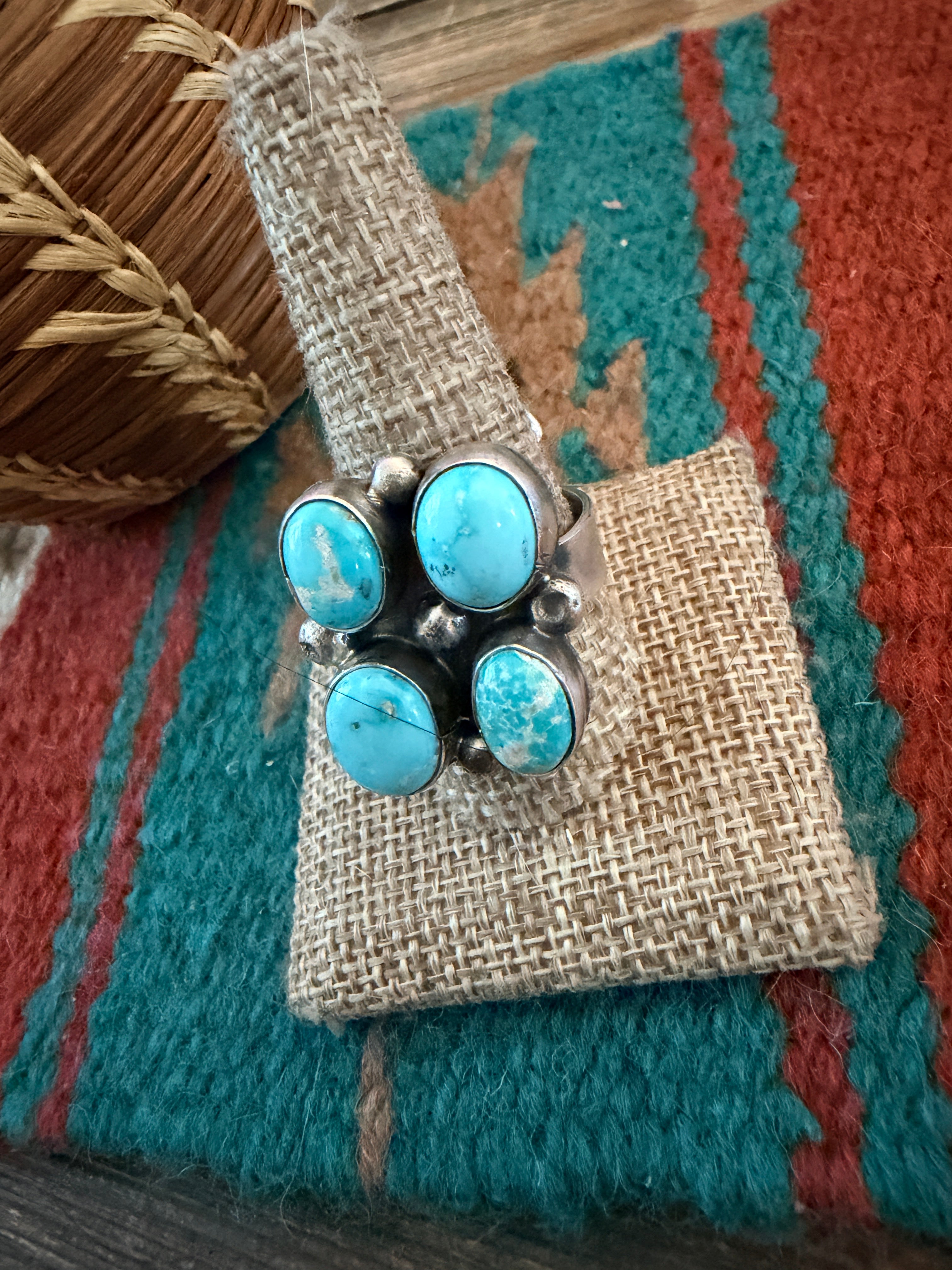 Handcrafted Turquoise & Sterling Silver Cluster Adjustable Ring