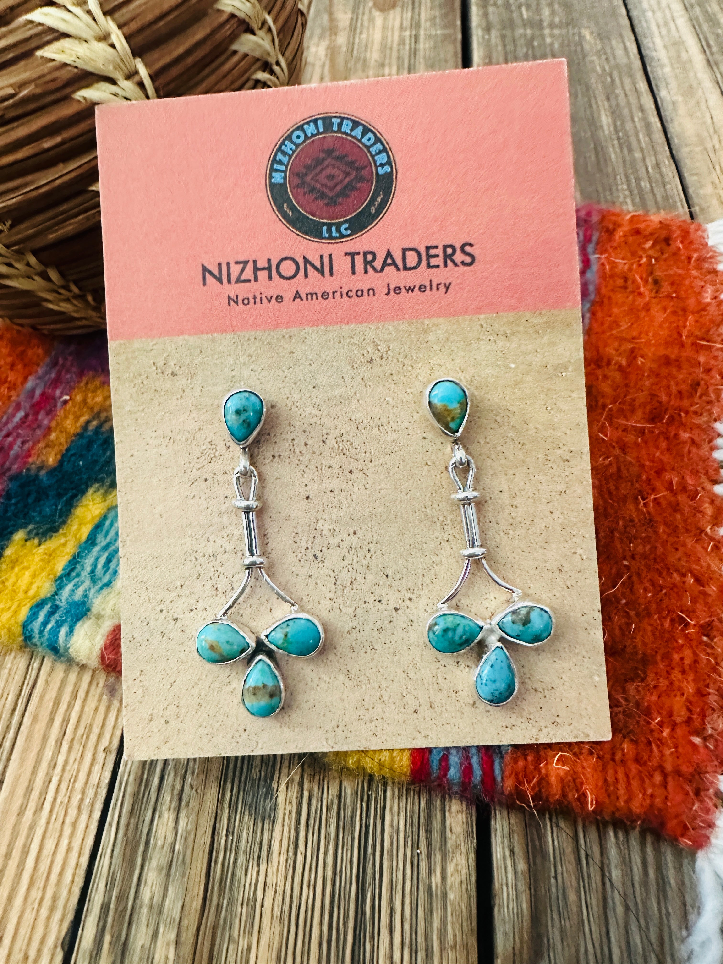 Handcrafted Turquoise & Sterling Silver Cluster Dangle Earrings