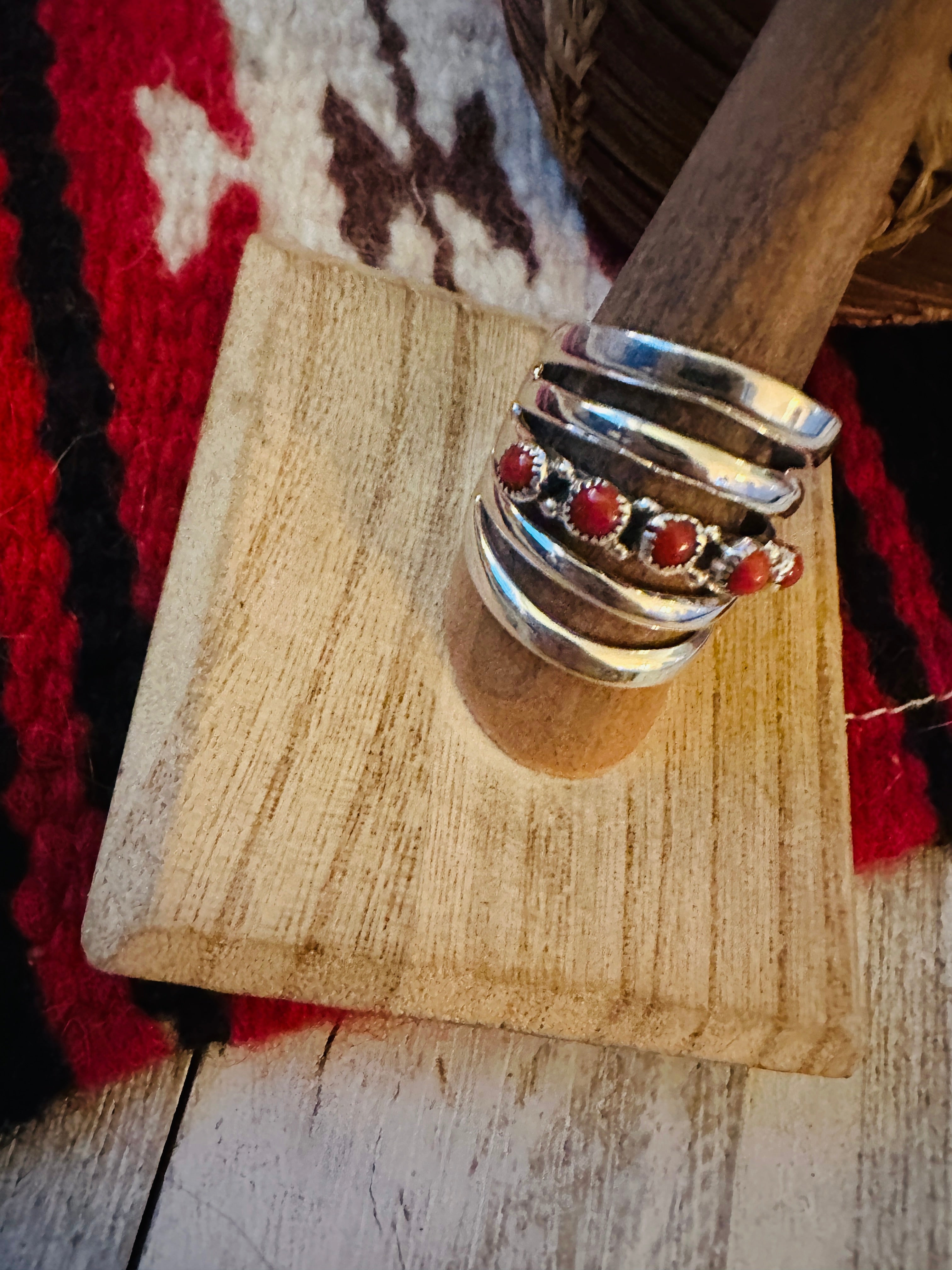 Navajo Coral & Sterling Silver Bar Ring