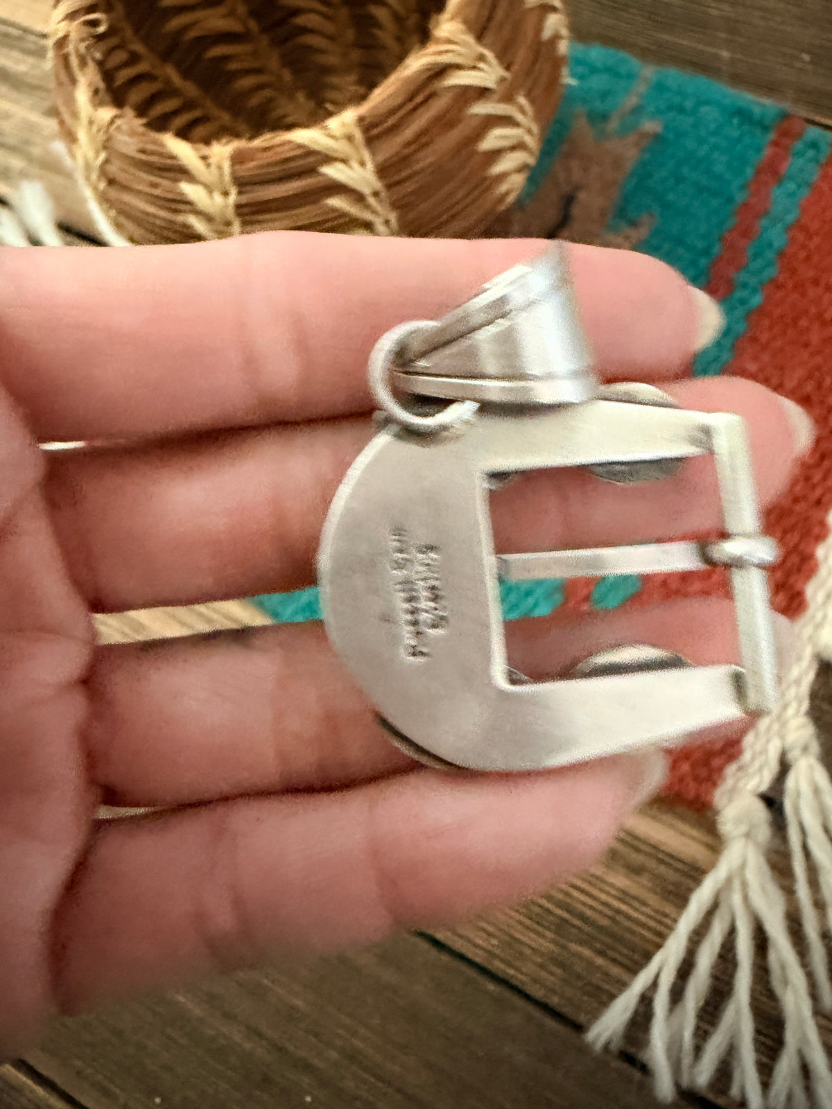 Handcrafted Sterling Silver & Turquoise Belt Buckle Pendant by Russell Sam