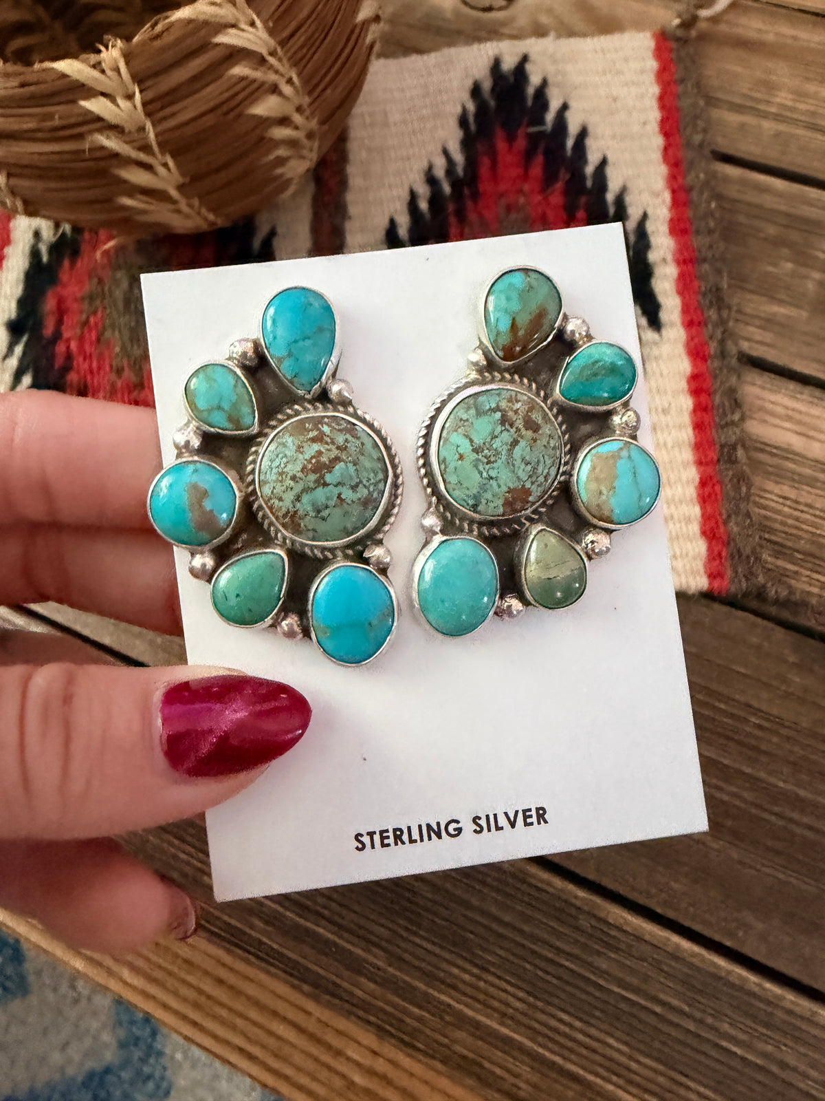 Handcrafted Turquoise & Sterling Silver Cluster Post Earrings by Geraldine James