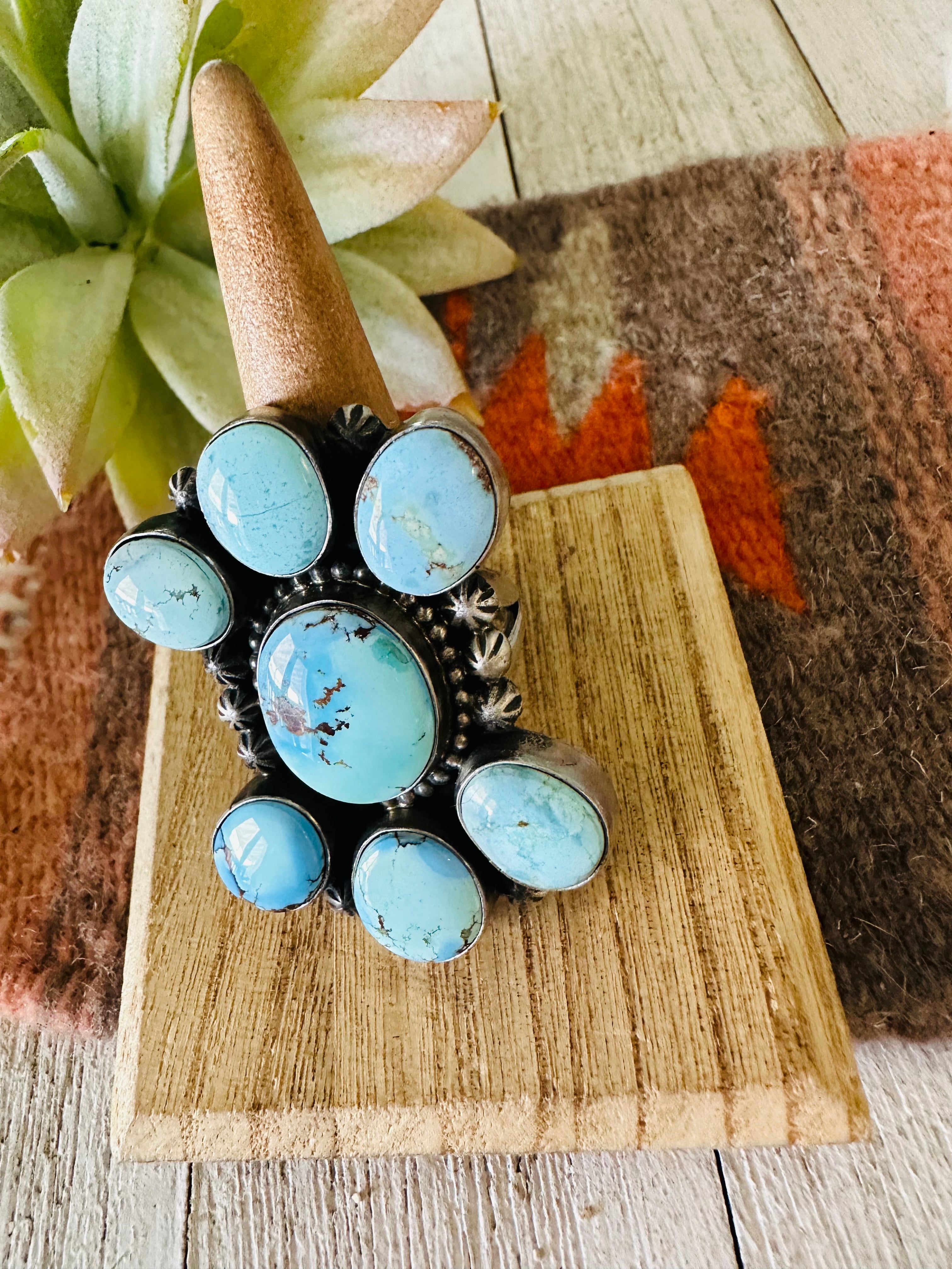 Navajo Golden Hills Turquoise & Sterling Silver Cluster Ring Size 10.5