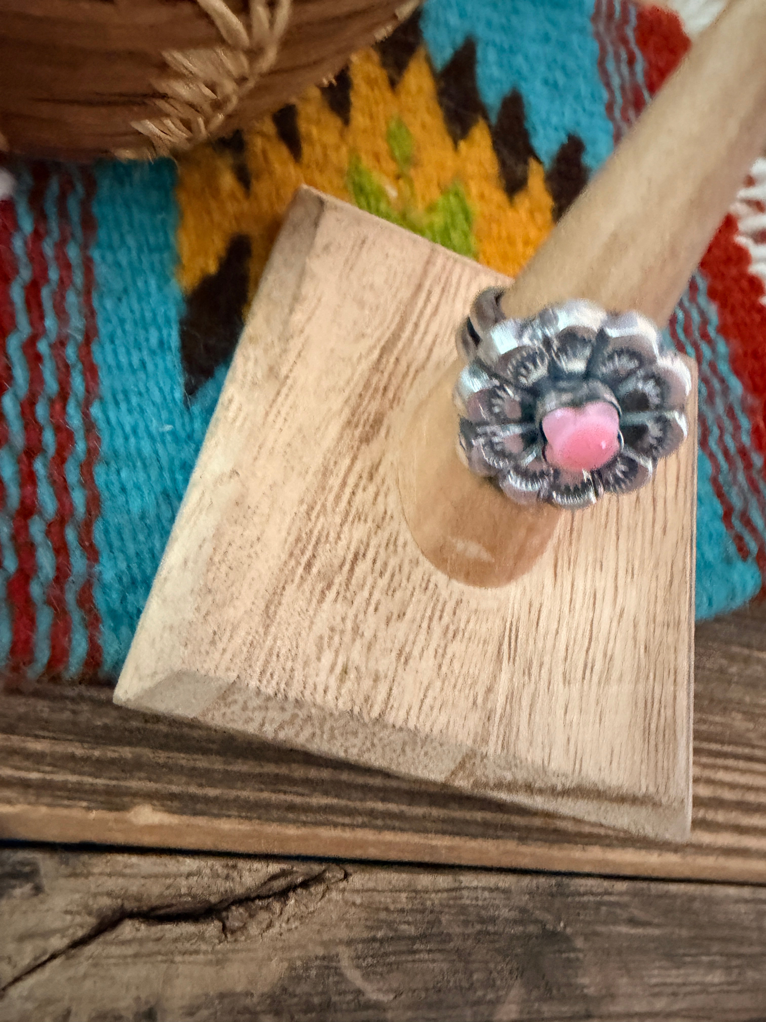 Handcrafted Queen Pink Conch and Sterling Silver Flower Ring size 7.5 by Chimney Butte
