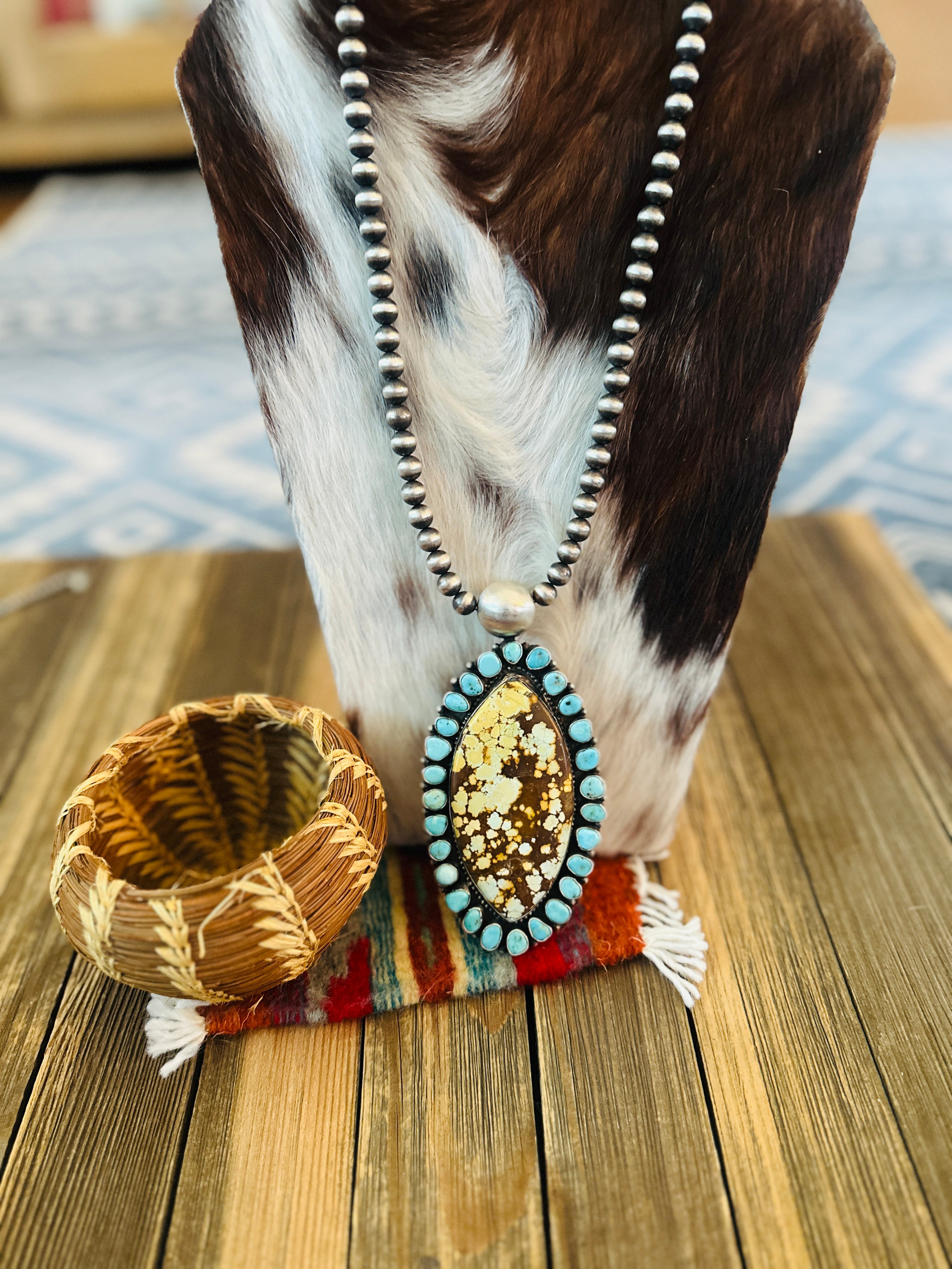 Handcrafted Turquoise & Sterling Silver Cluster Beaded Necklace by Sheila Becenti