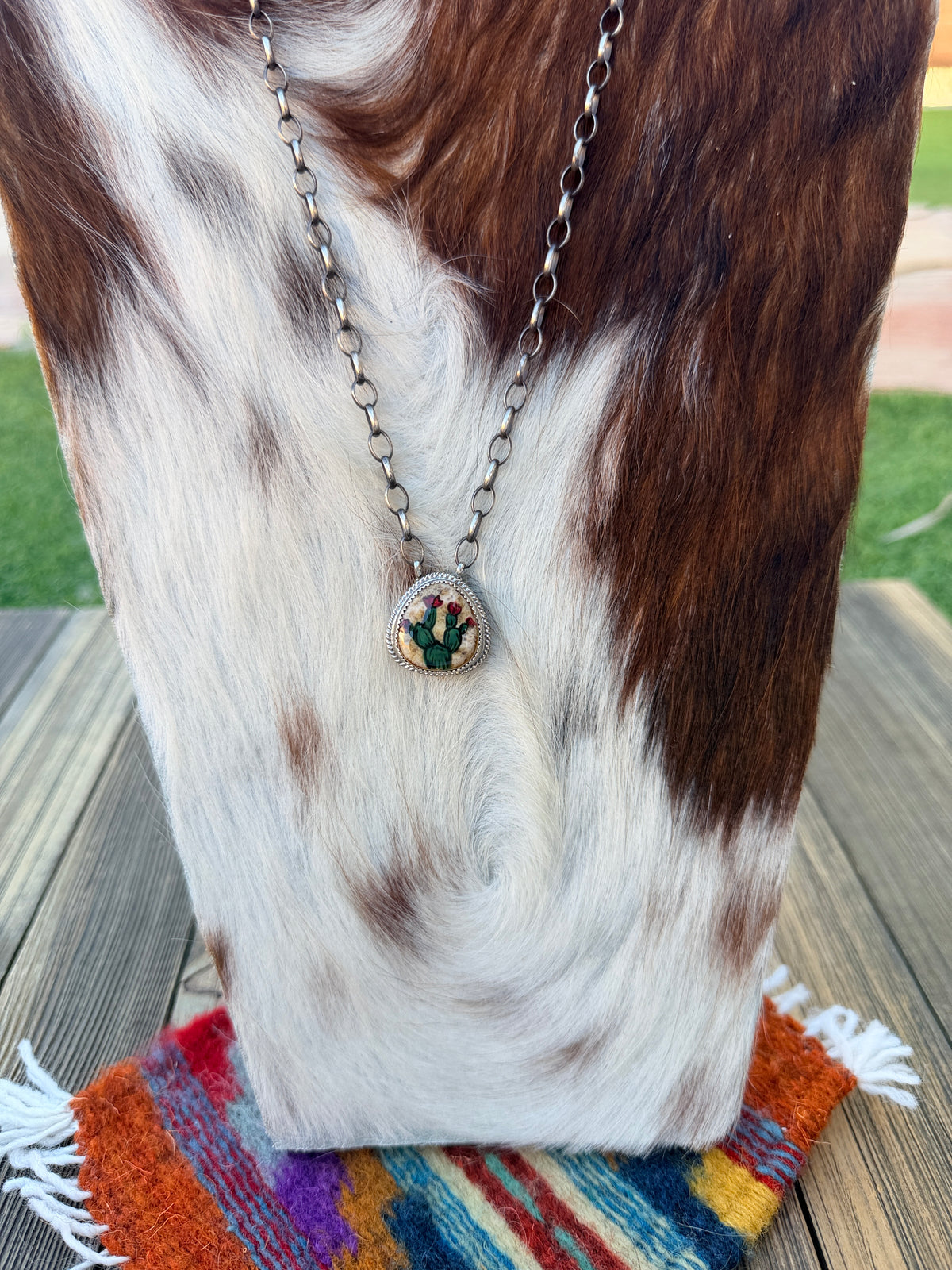 Handmade Sterling Silver & Jasper Painted Cactus Necklace