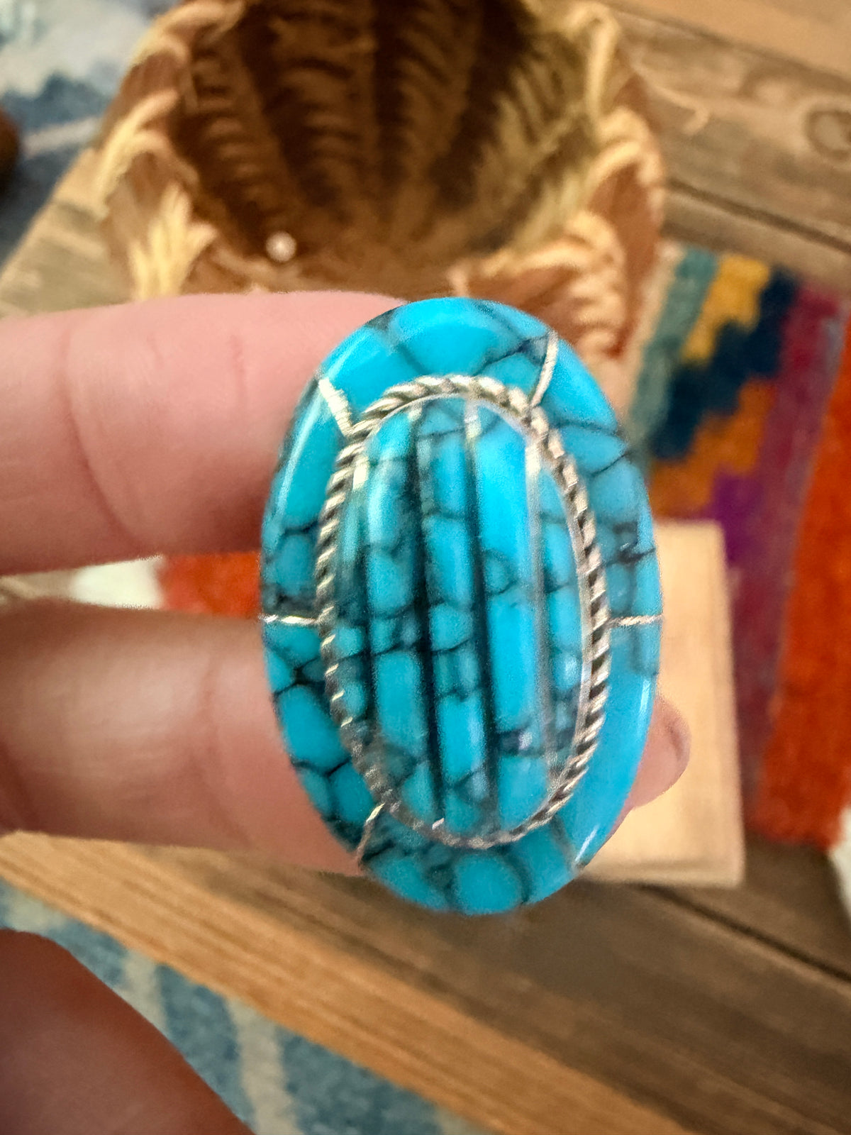 Old Pawn Handcrafted Turquoise & Sterling Silver Inlay Ring Size 11