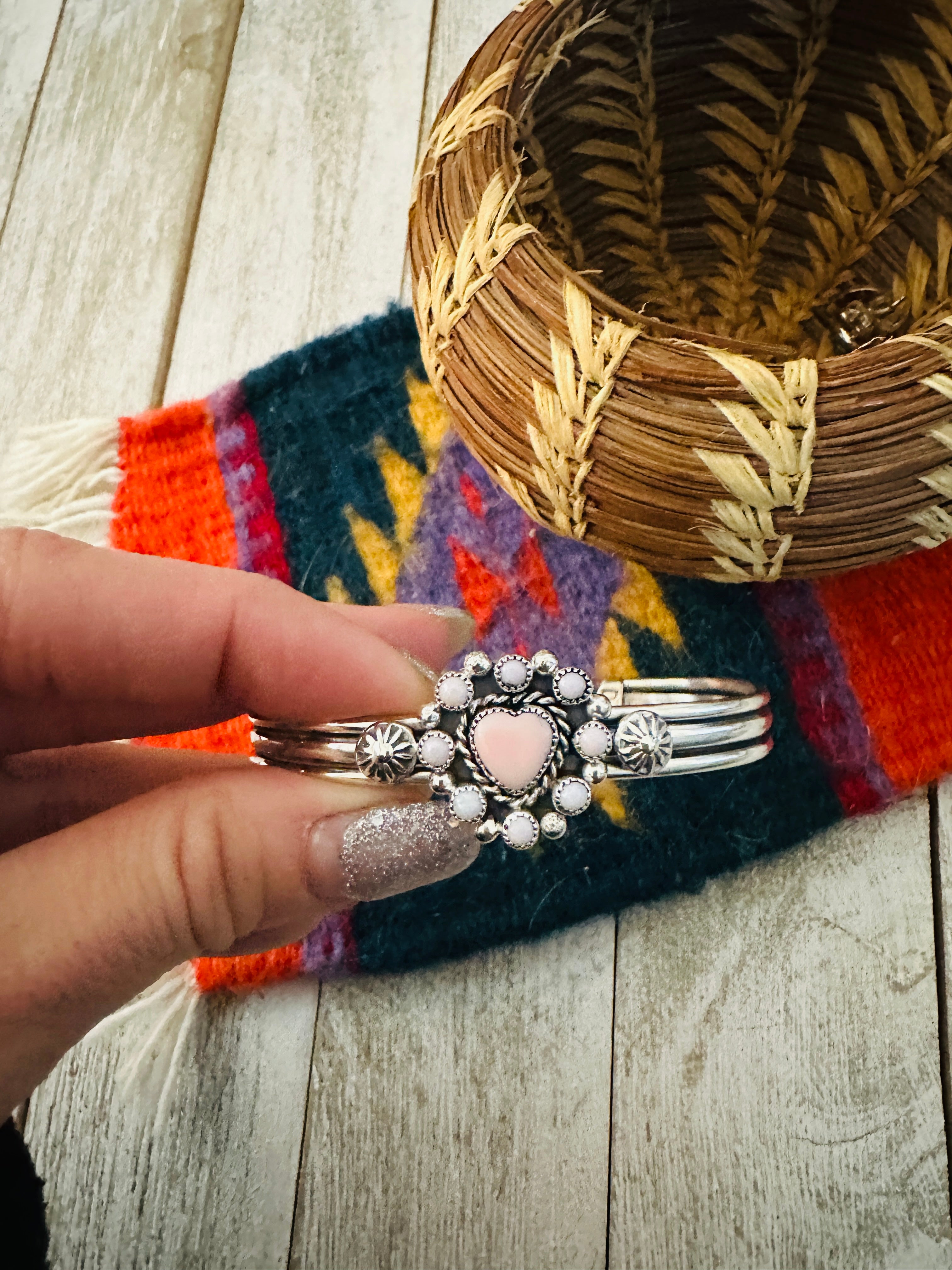 Navajo Queen Pink Conch Shell & Sterling Silver Heart Cuff Bracelet