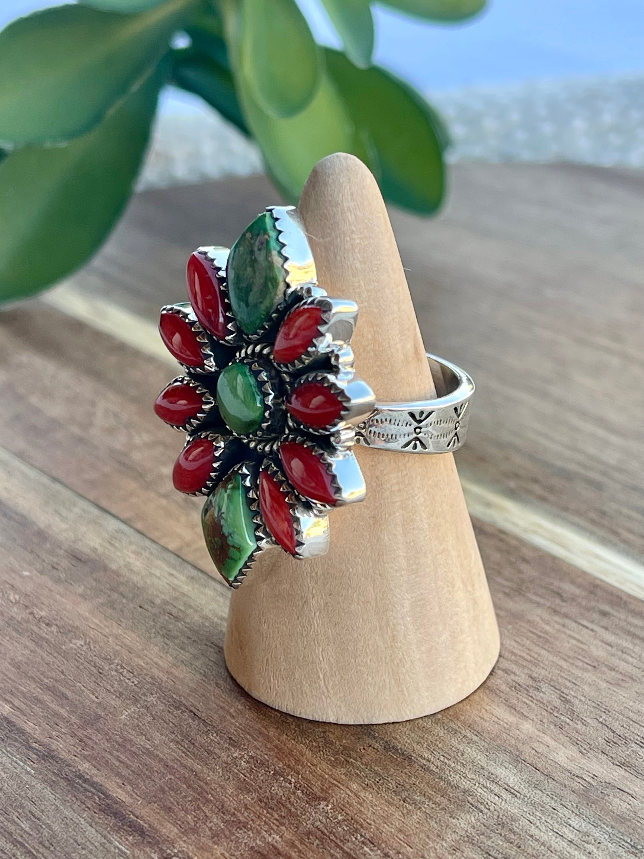 Beautiful Handmade Sonoran Turquoise, Coral And Sterling Silver Christmas Collection Adjustable Ring