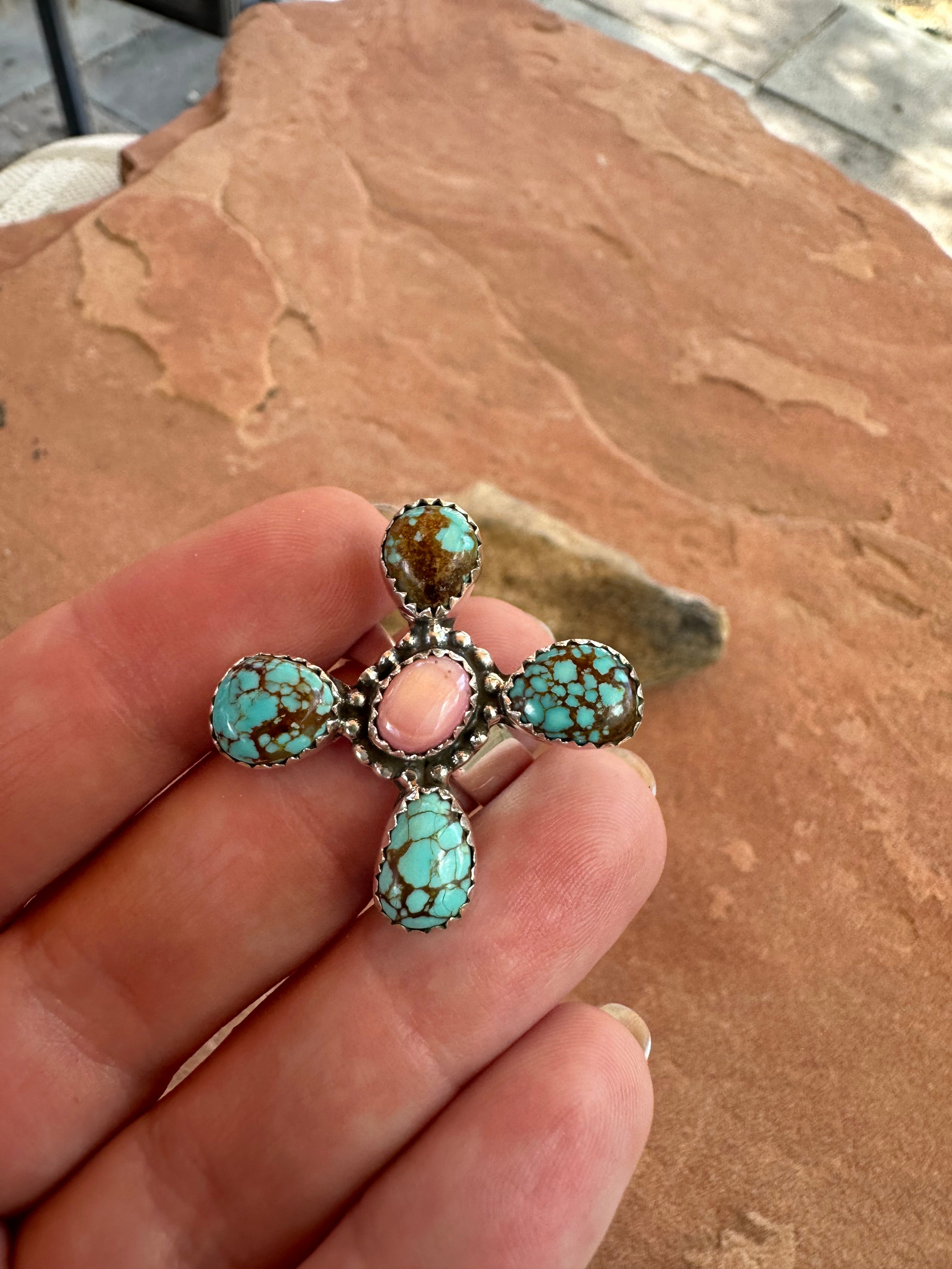 Beautiful Handmade Number 8 Turquoise, Pink Conch And Sterling Silver Adjustable Ring