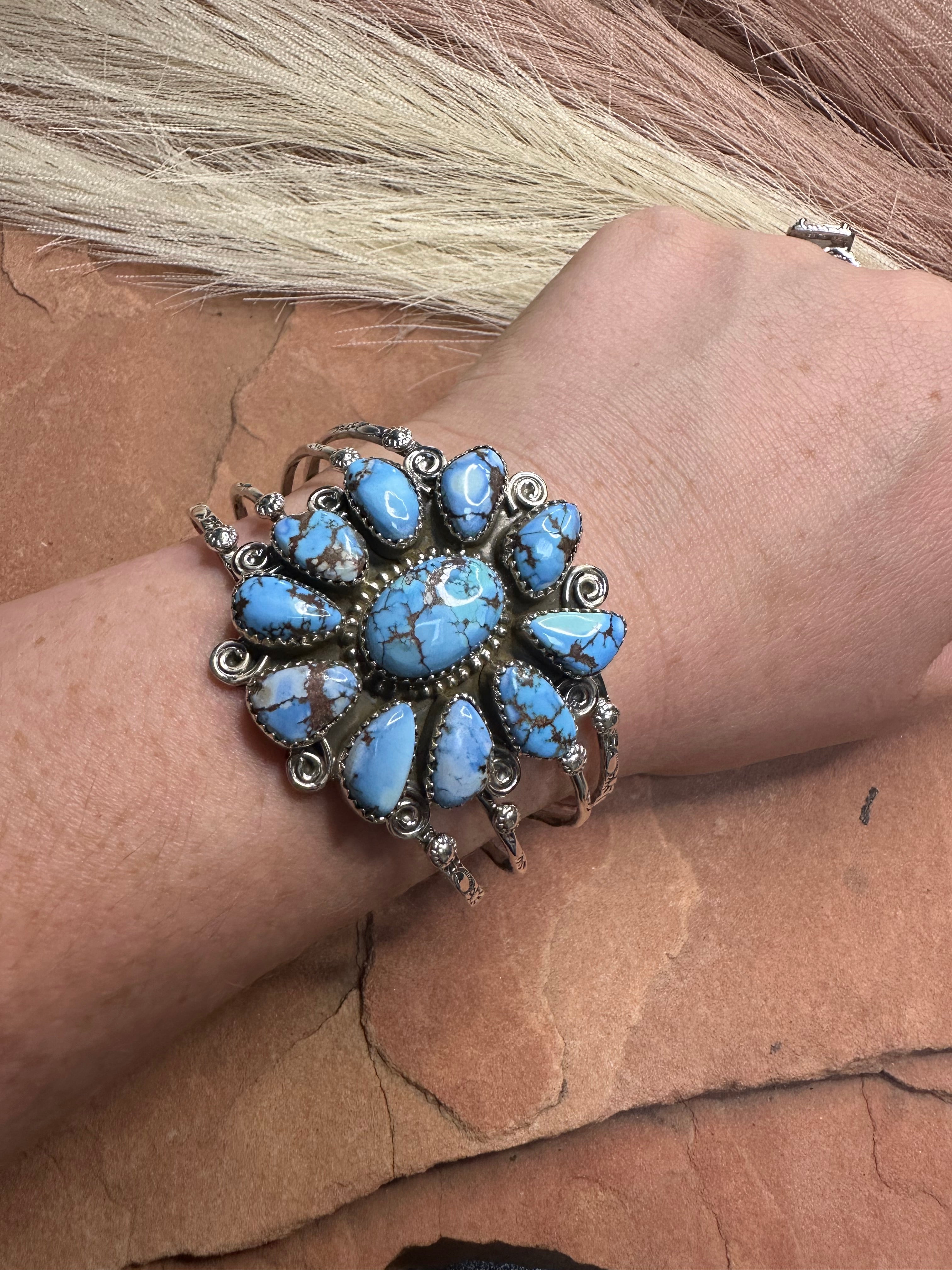 Handmade Sterling Silver Golden Hills Turquoise Adjustable SWIRL Cuff