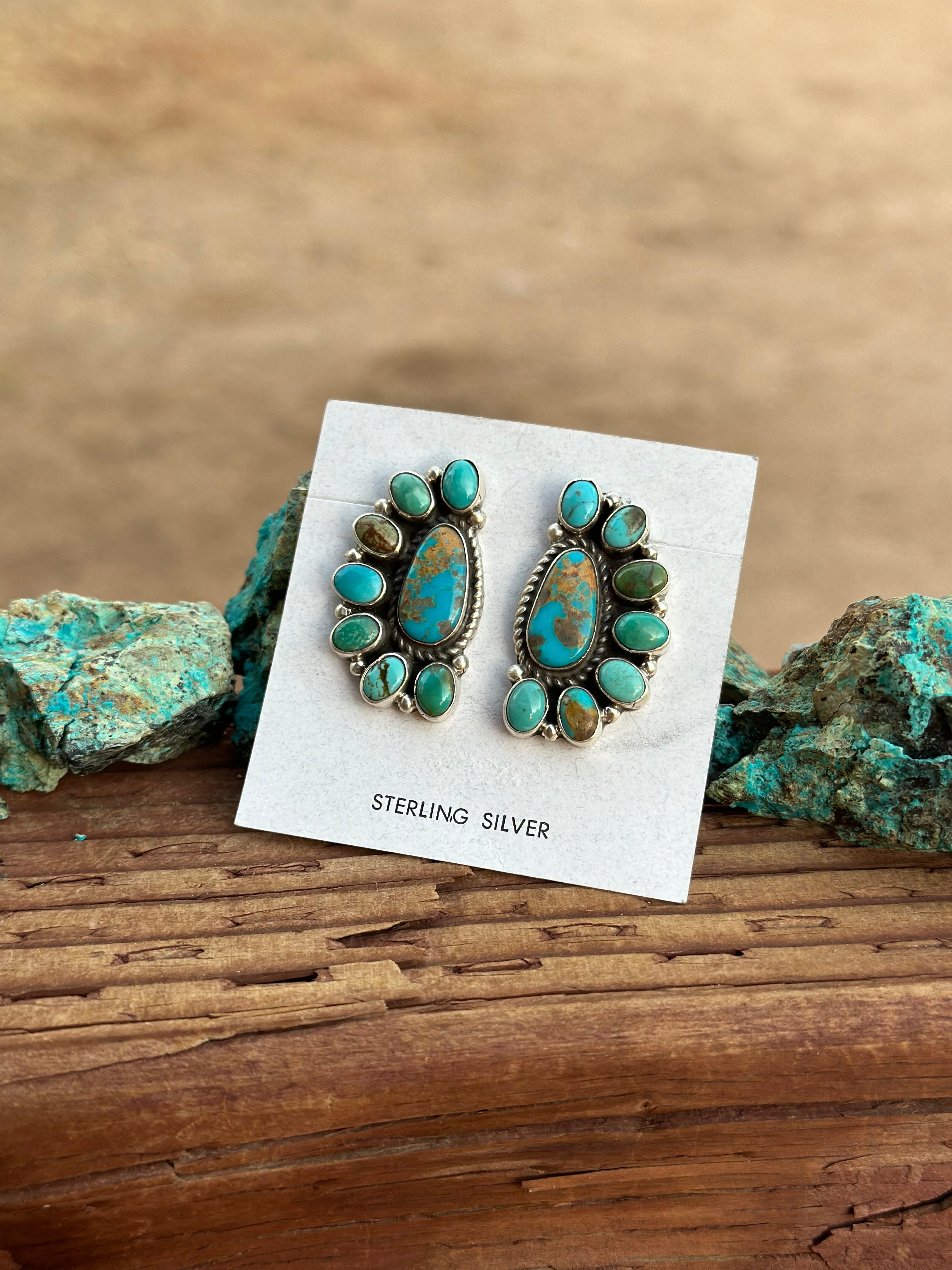 Navajo Geraldine James Turquoise Sterling Silver Cluster Stud Earrings