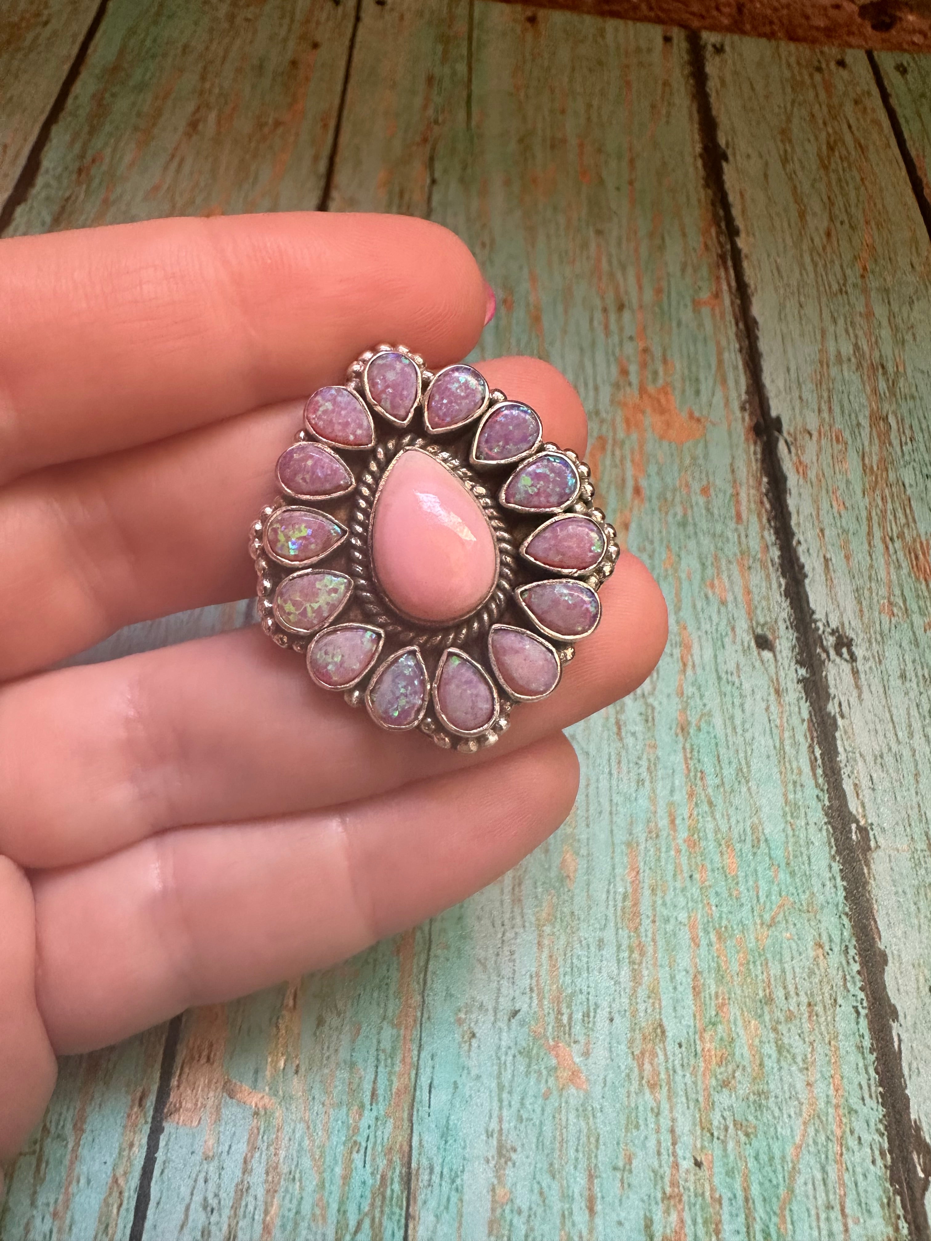 Handmade Adjustable Pink Conch, Purple Fire Opal & Sterling Silver Ring- Tear Drop