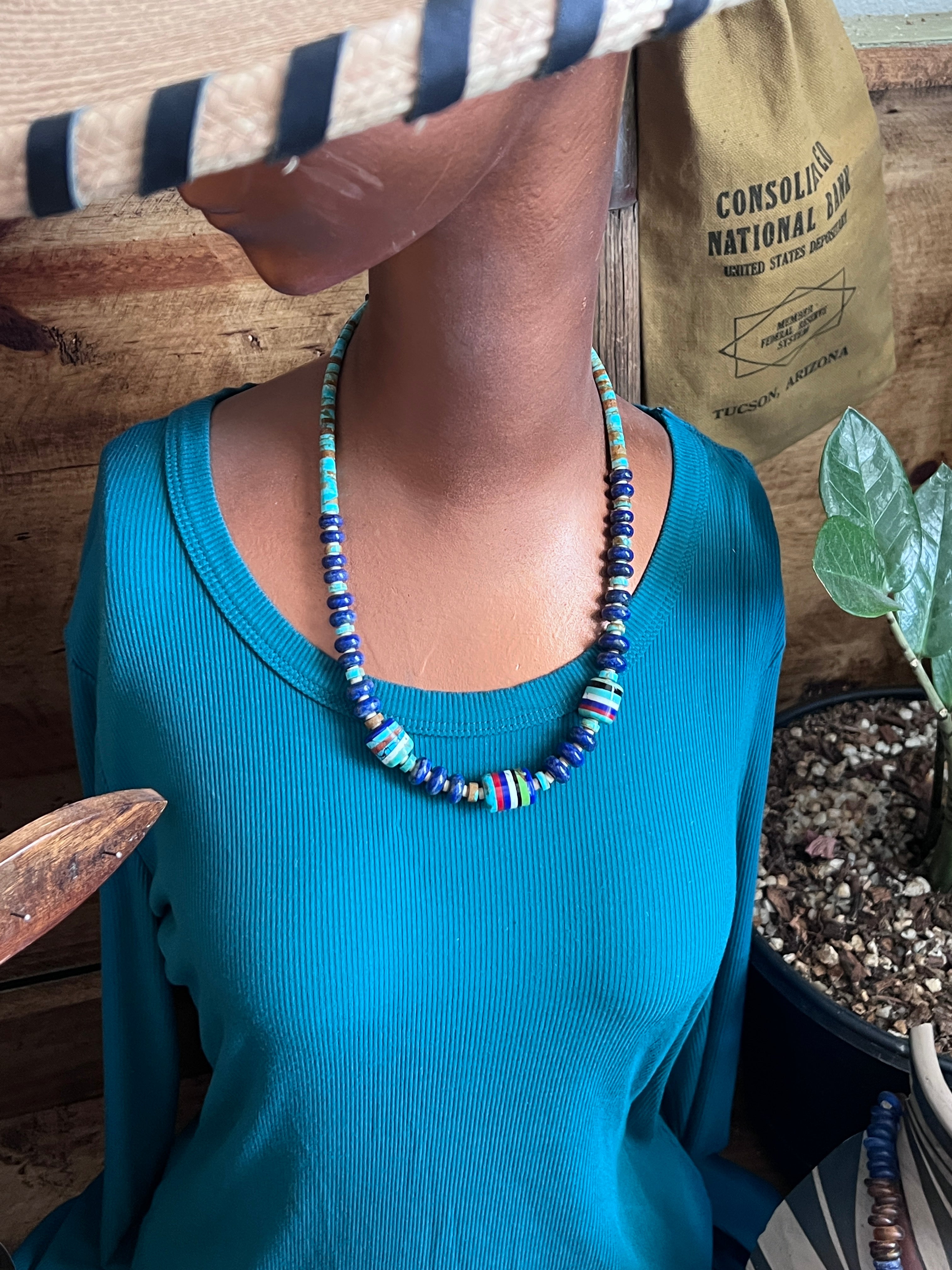 Ronald Chavez Handcrafted  Multistone Beaded Santo Domingo Necklace with Lapis Rondelles