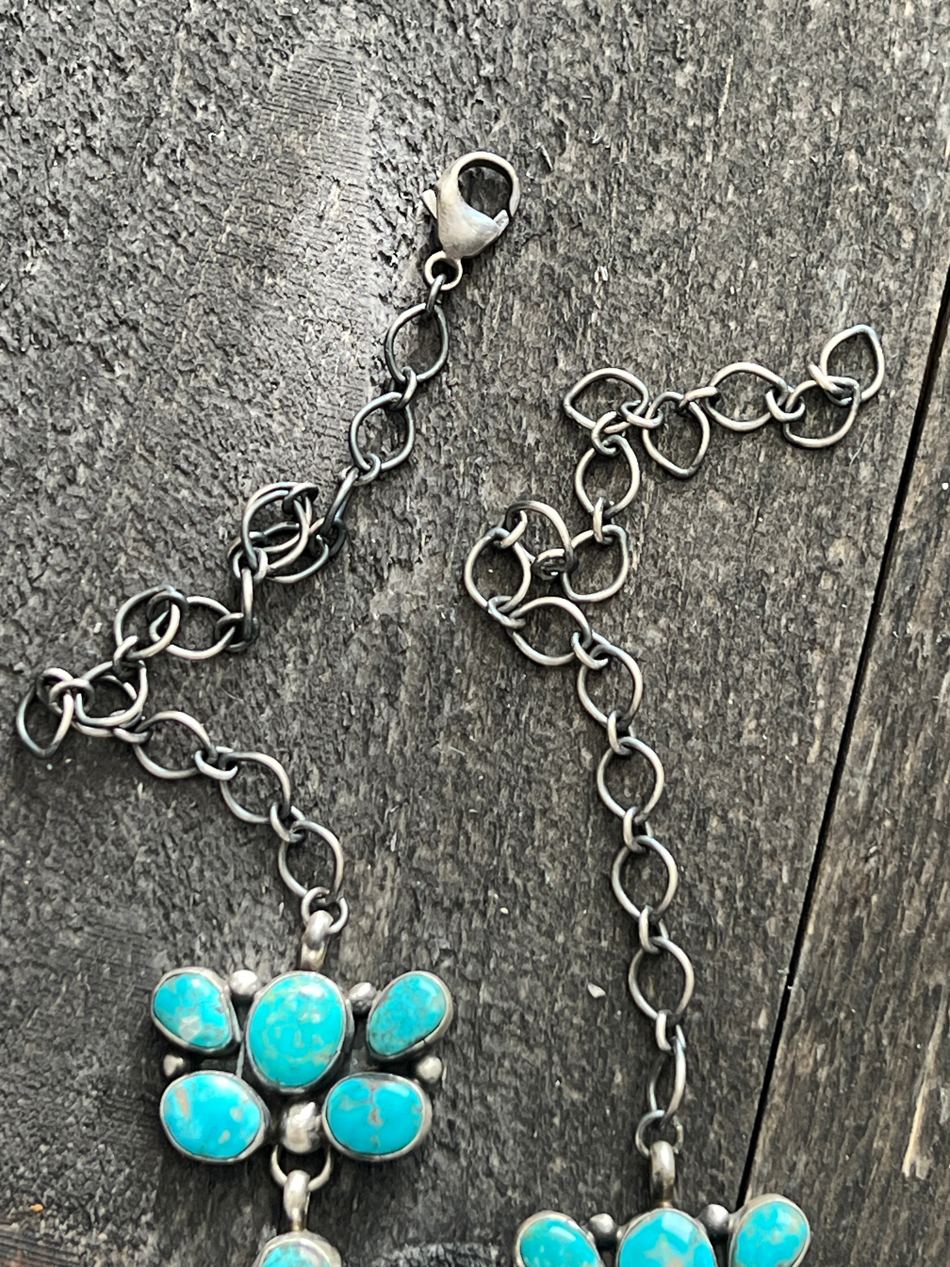 Handcrafted Sterling Silver and Whitewater Campitos Turquoise Cluster Necklace and Earring Set by Sheila Becenti