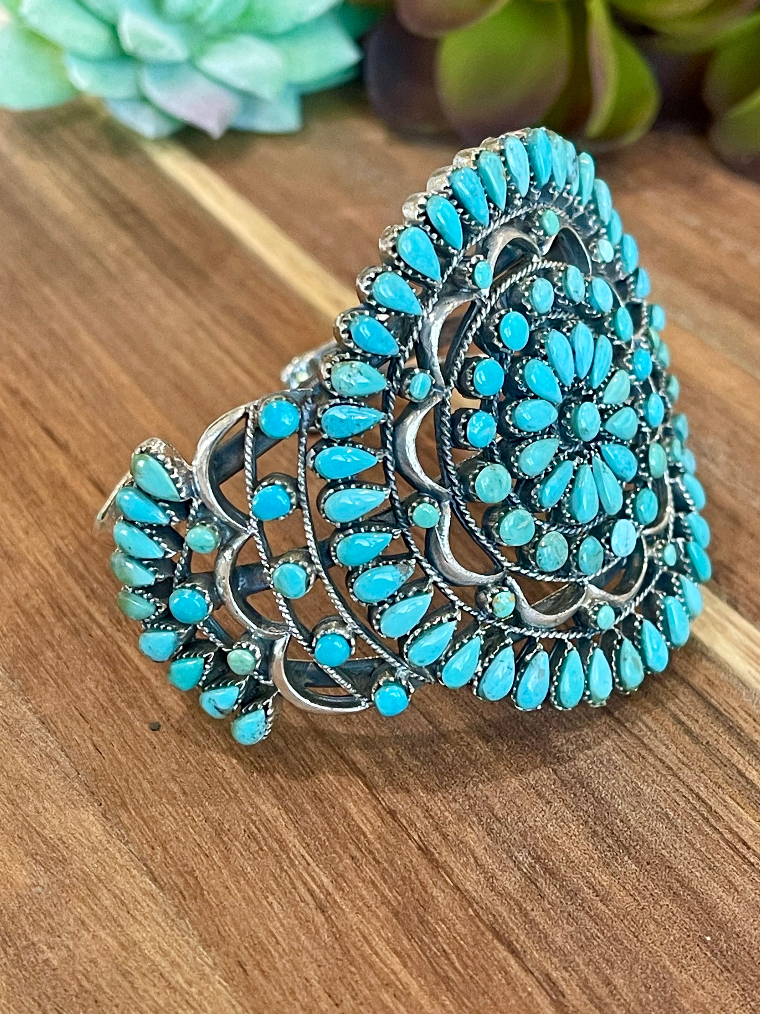 Handmade Sterling Silver & Turquoise Needlepoint Cuff Bracelet Signed Nizhoni