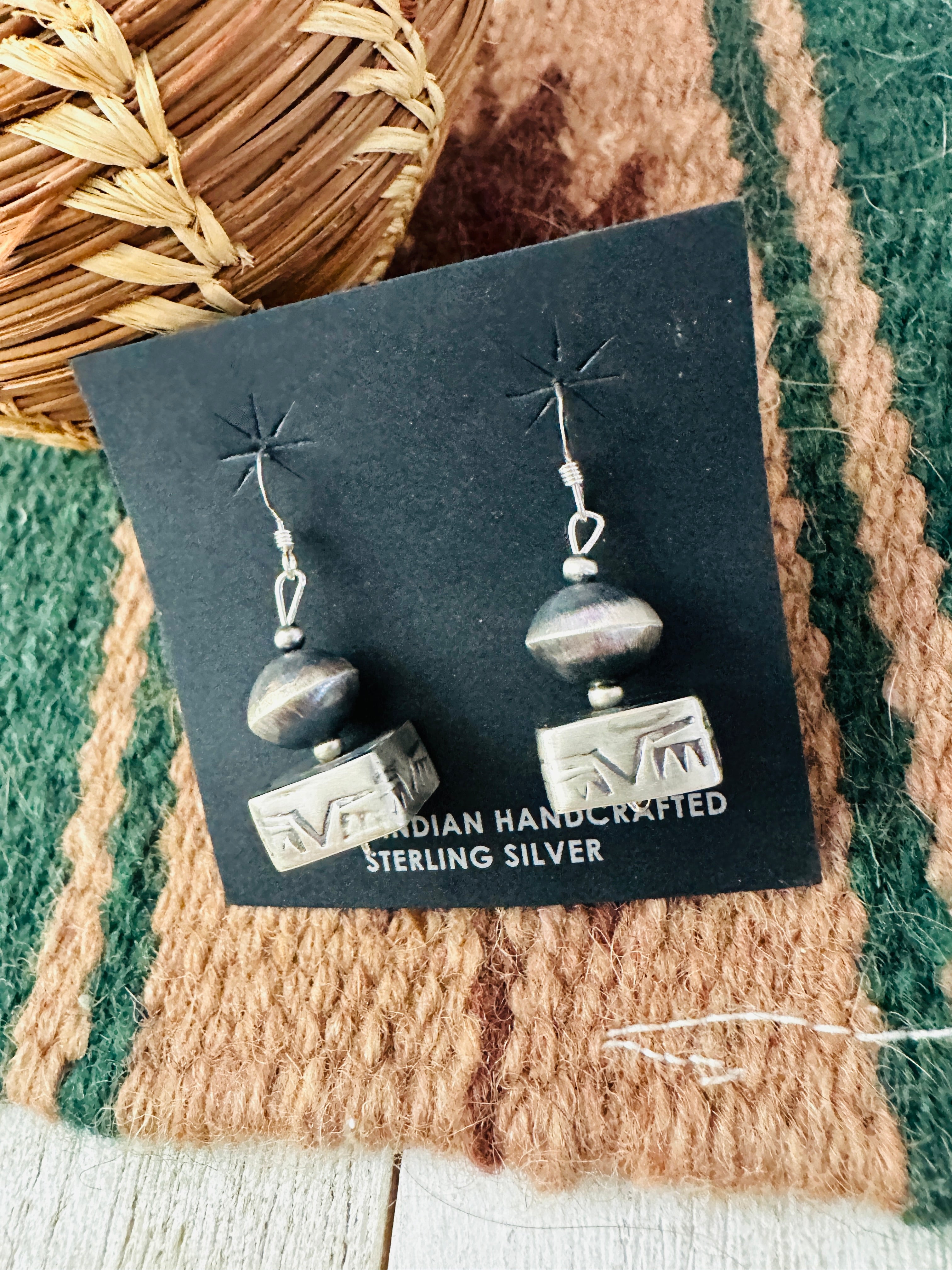 Navajo Hand Stamped Sterling Silver Beaded Dangle Earrings